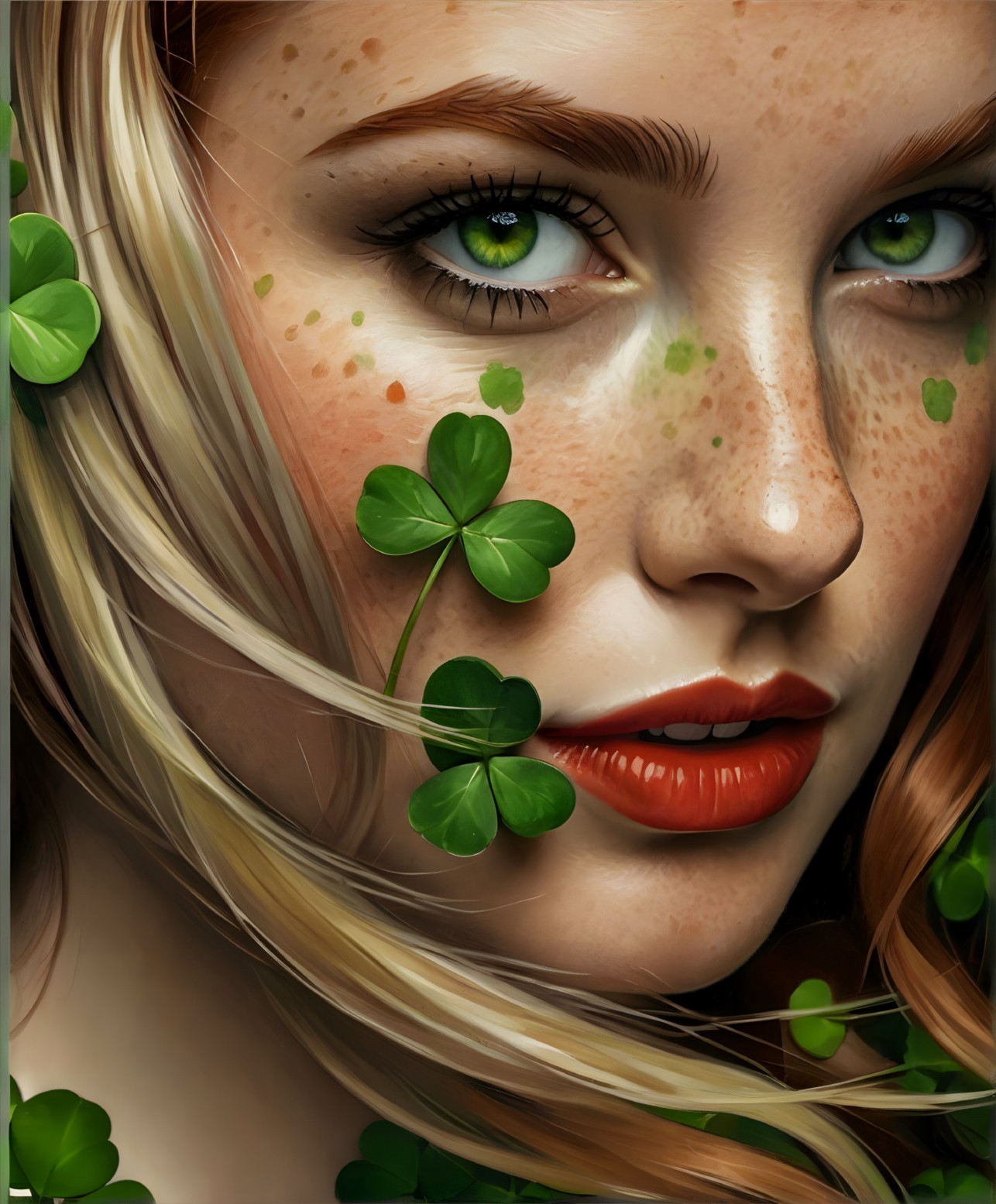 Close-up Portrait of a Young Woman with Clovers