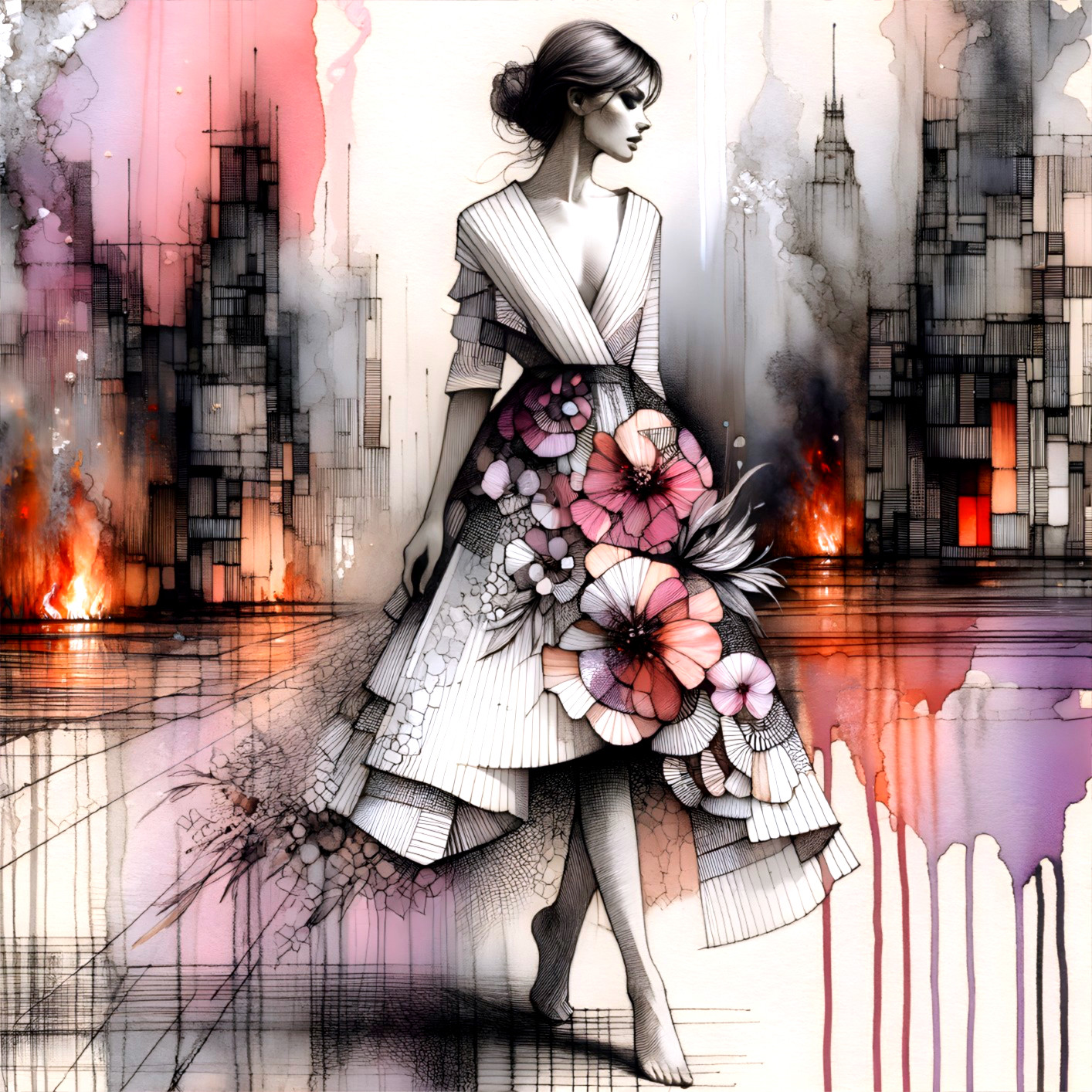 Fashion Illustration of Woman in Floral Dress and Flames