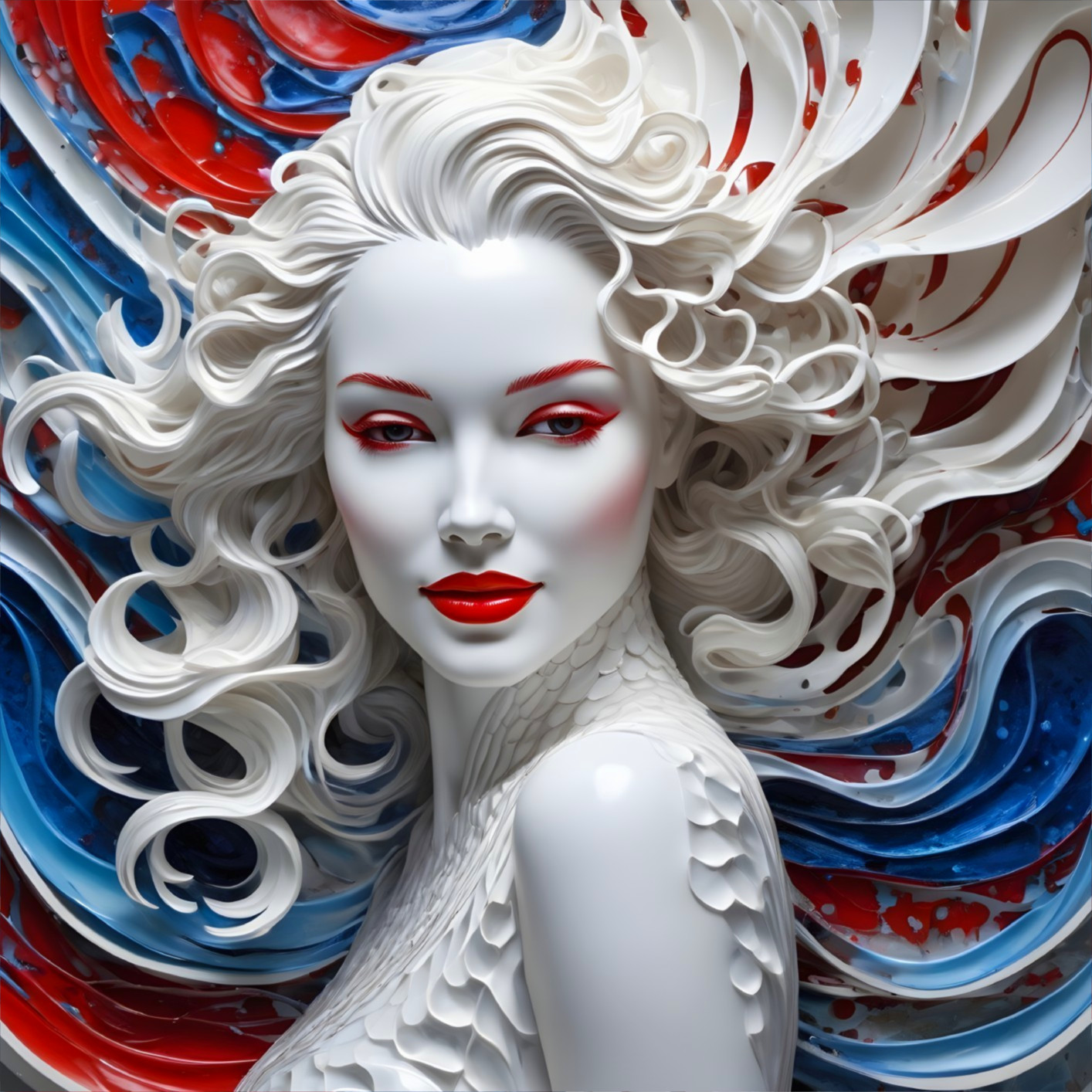 Stylized female figure with flowing hair and vivid colors