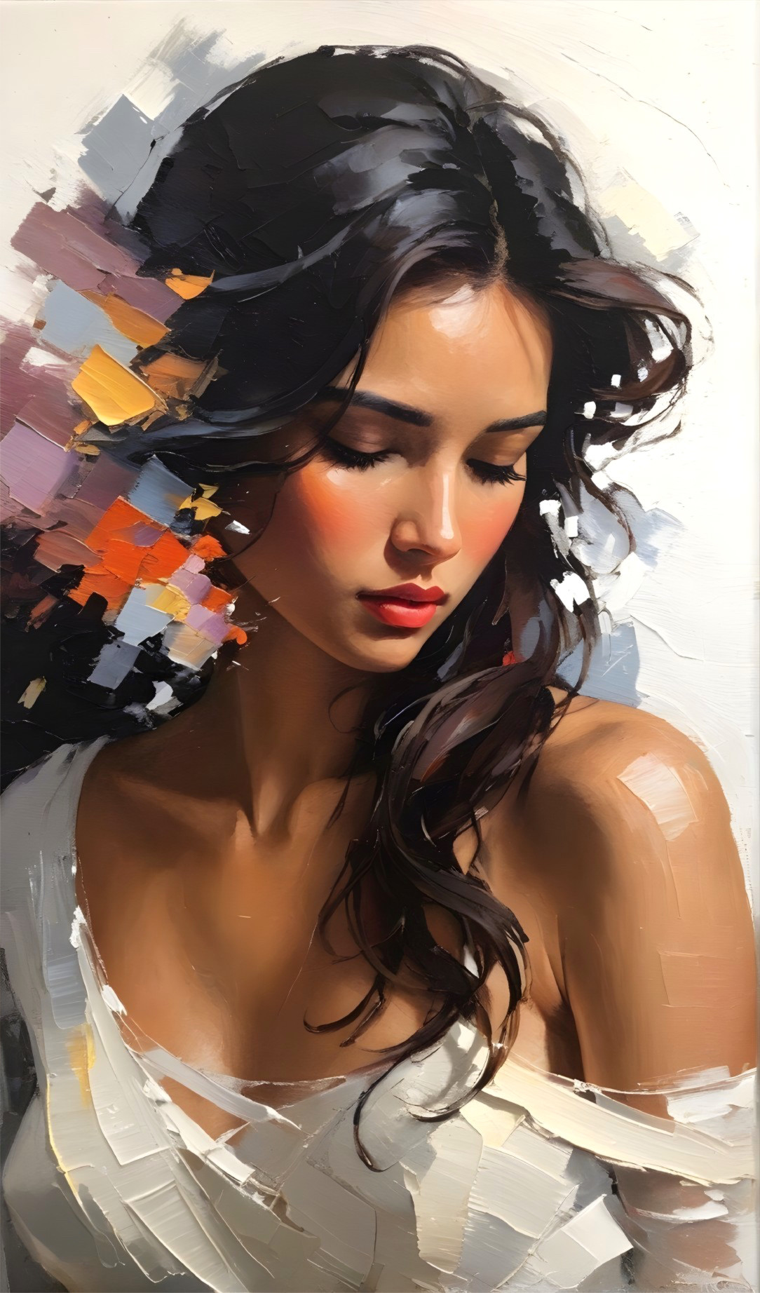 Serene Woman with Dark Hair in Vibrant Abstract Colors