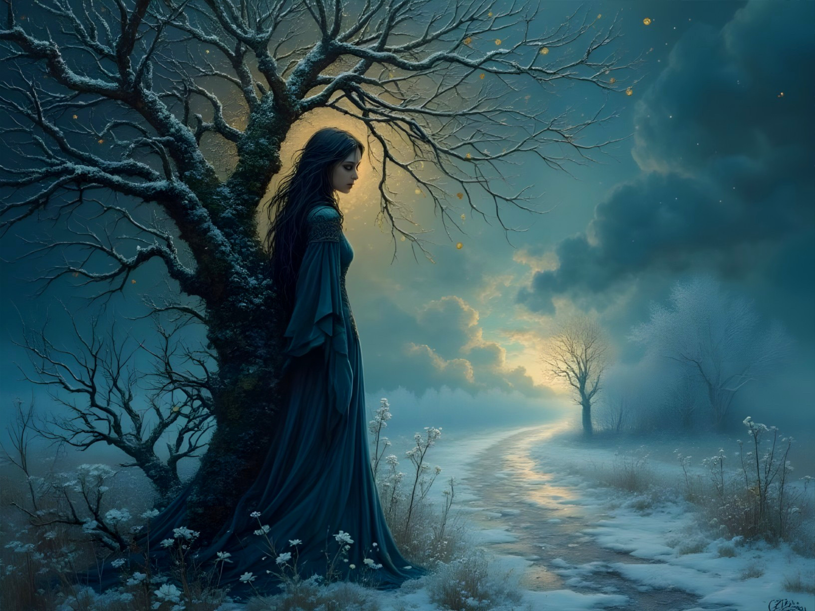 Mysterious Woman in Wintry Landscape with Moonlight
