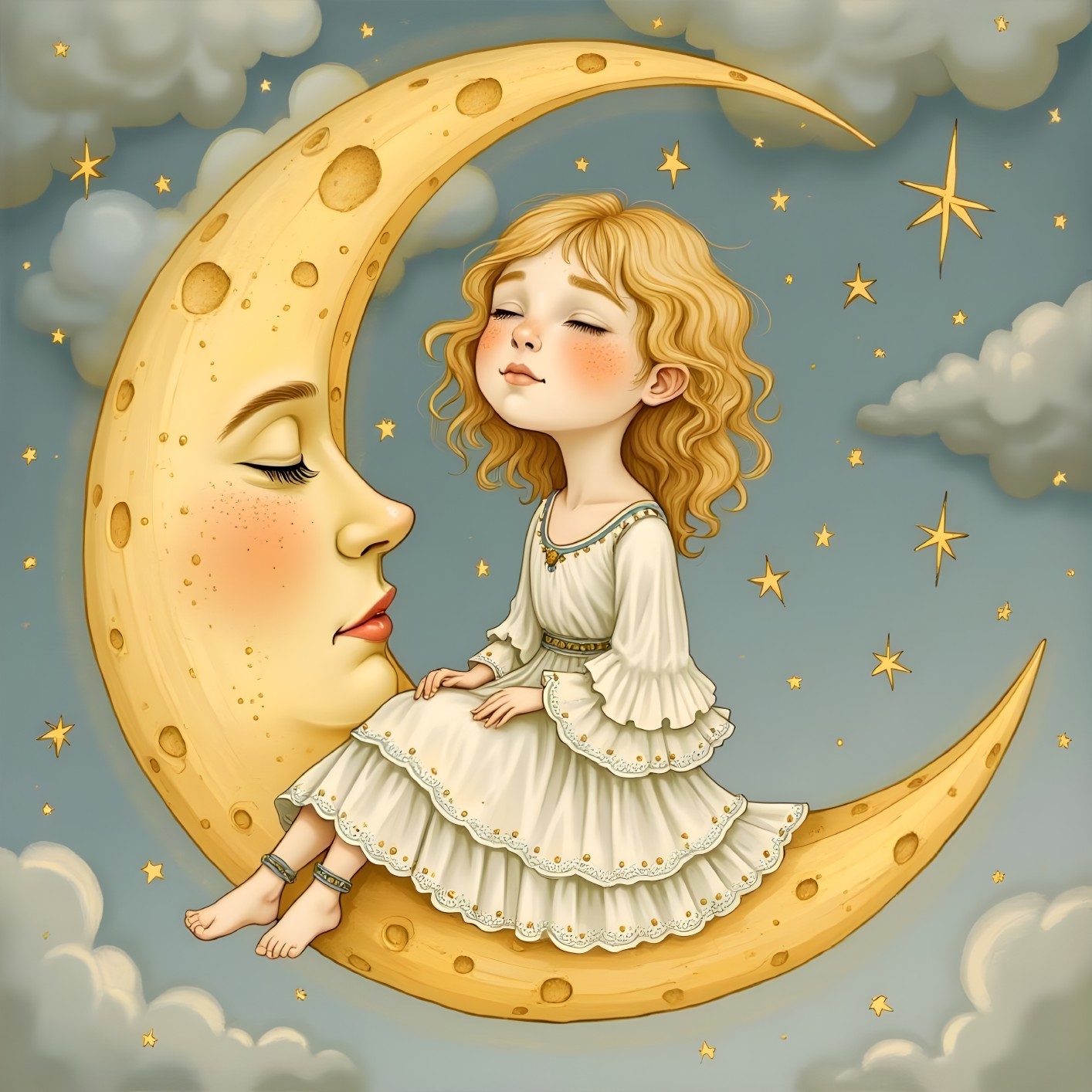 Whimsical Illustration of a Girl on a Crescent Moon