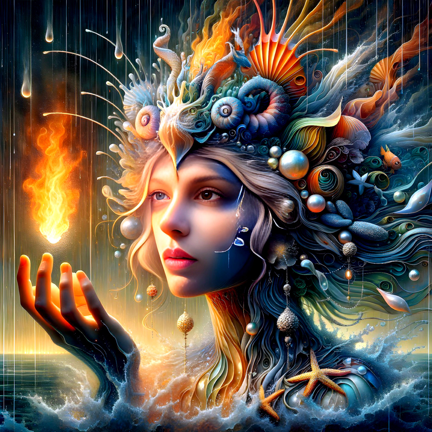 Vibrant Illustration of Woman with Marine Life and Fire