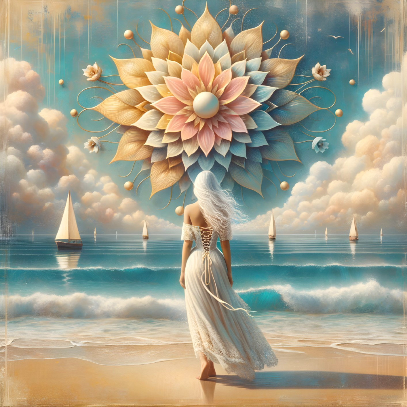 Woman in White Dress by Shoreline with Floral Sky