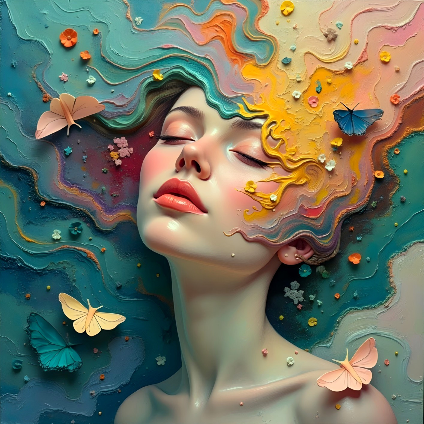Dreamy Portrait of Woman with Vibrant Hair and Butterflies