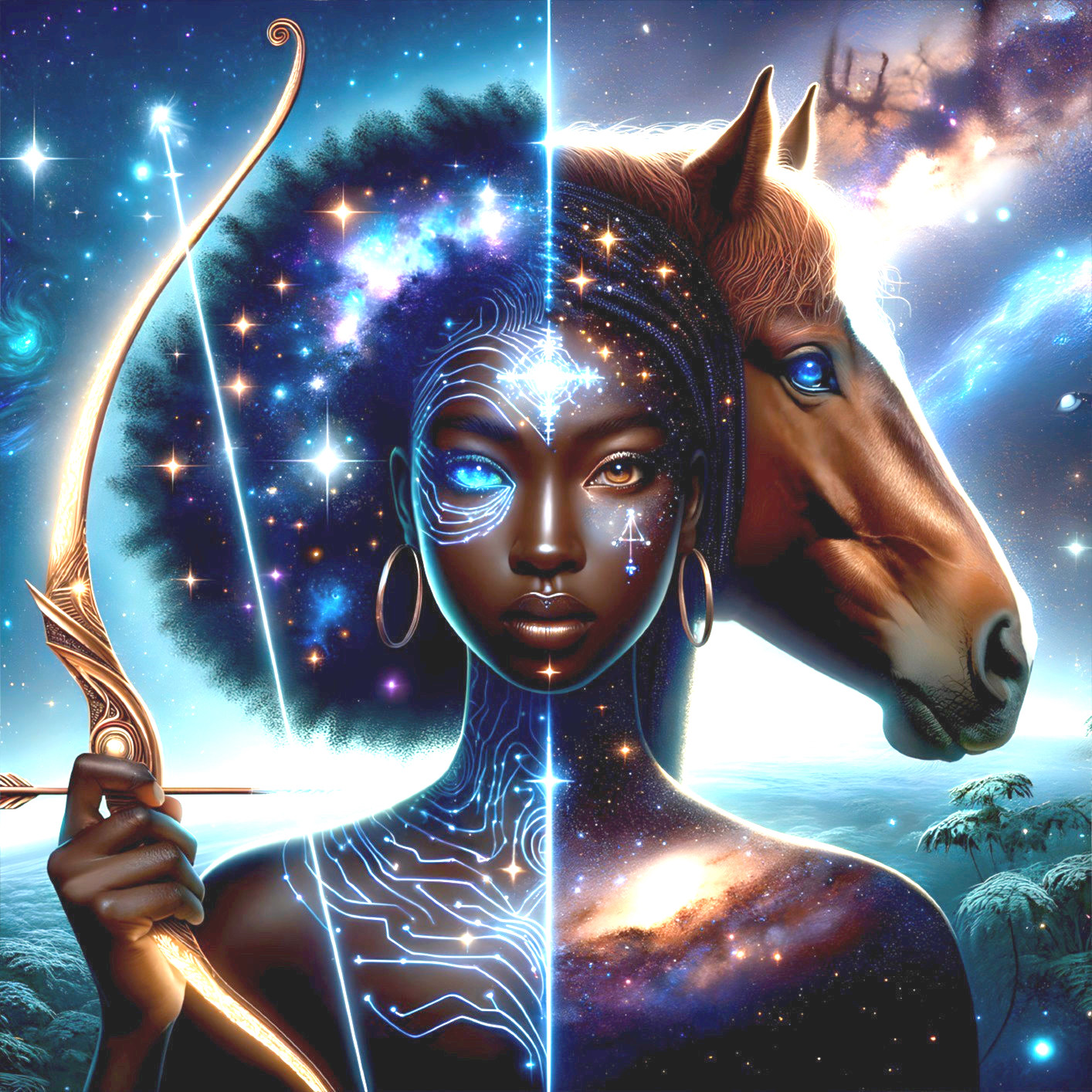 Cosmic Woman and Horse Split Composition Art