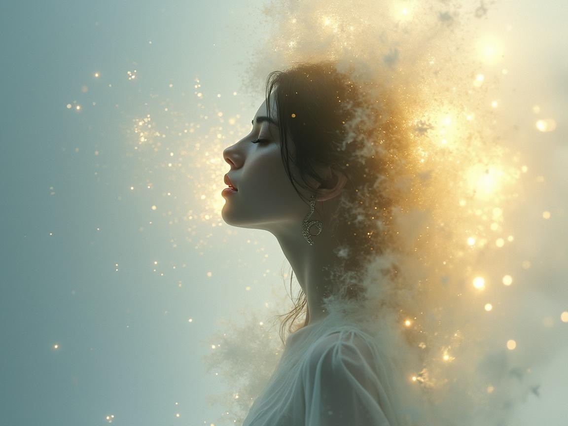 Young woman with glowing orbs and soft clouds backdrop