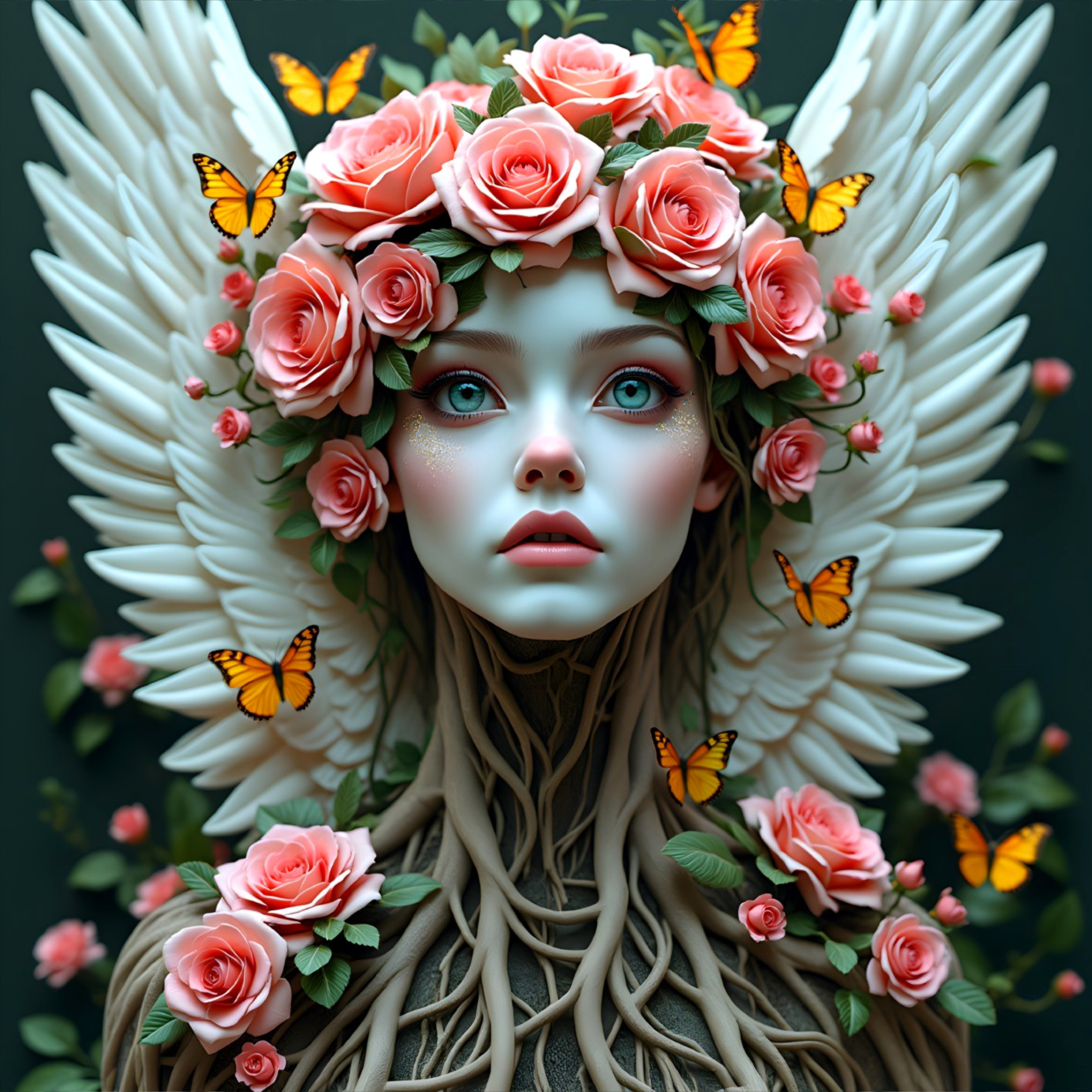 Serene figure with wings and rose crown in nature