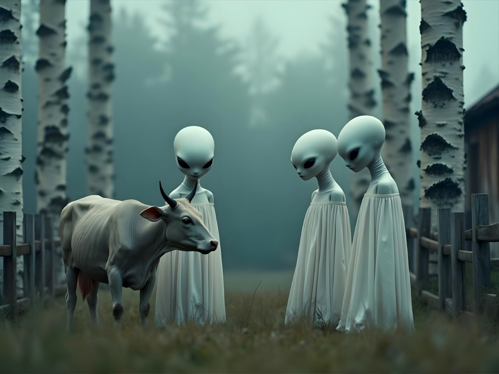 Tall Aliens in Foggy Forest Clearing with Calm Cow