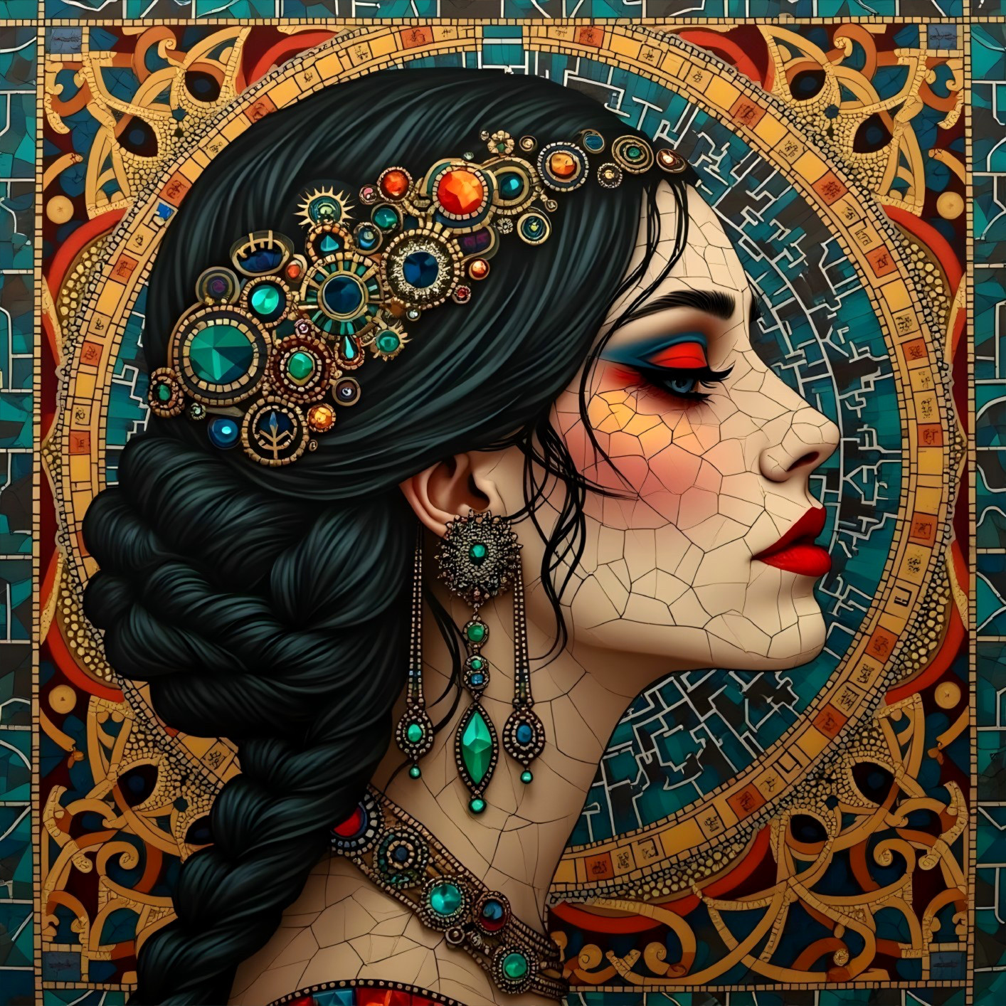 Profile of a Woman with Jewelry and Mosaic Background