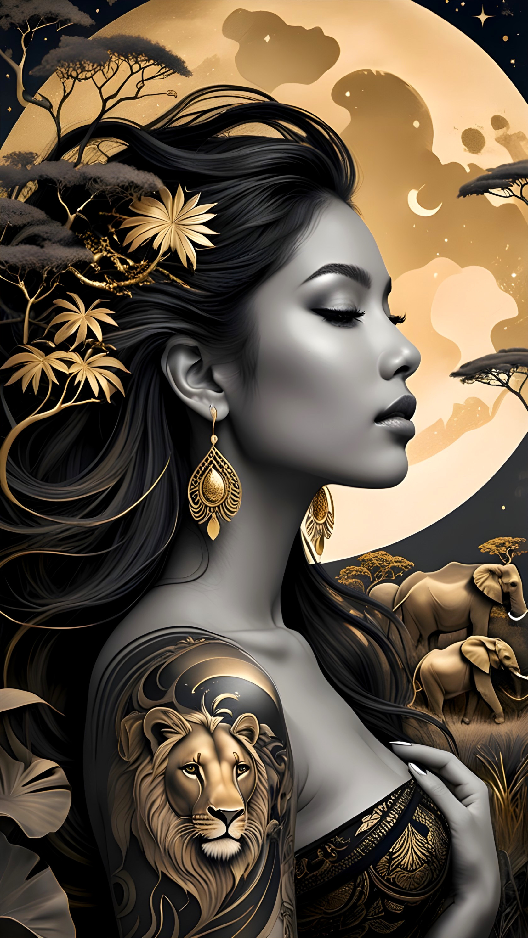 Profile of a Woman with Lion Tattoo and Moon Background