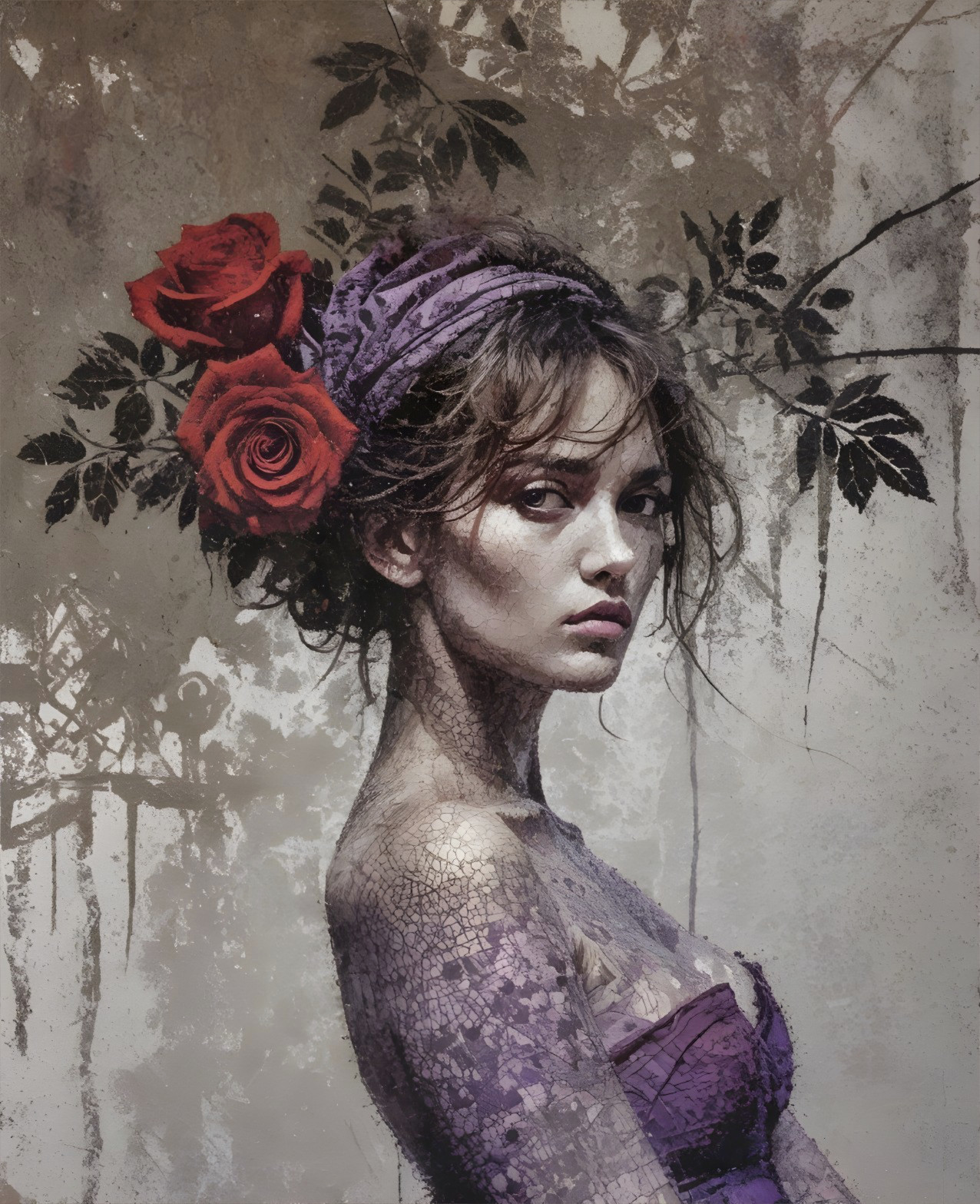 Ethereal Woman with Roses and Textured Background