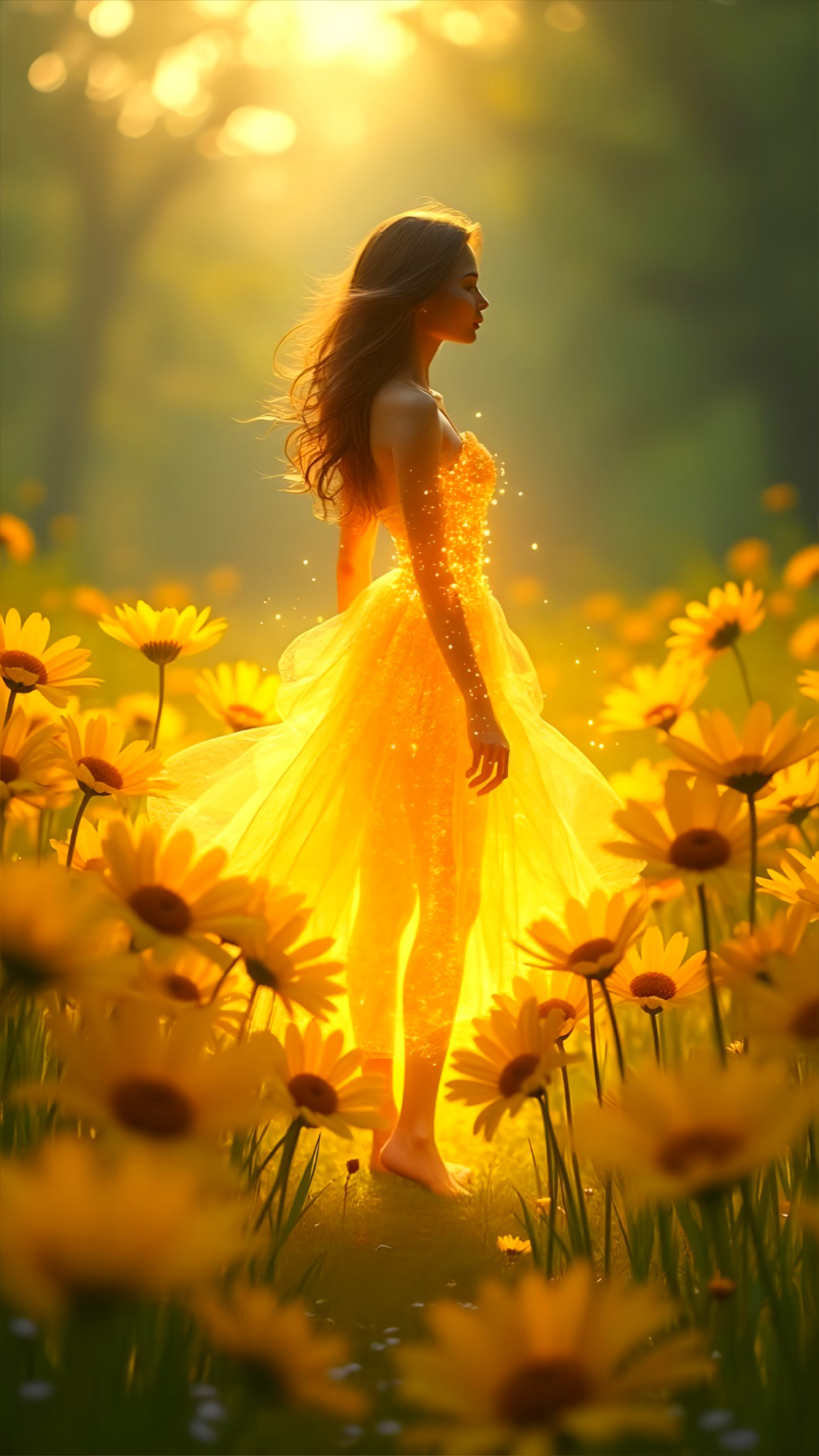 Silhouette of a Woman in Yellow Dress Among Daisies