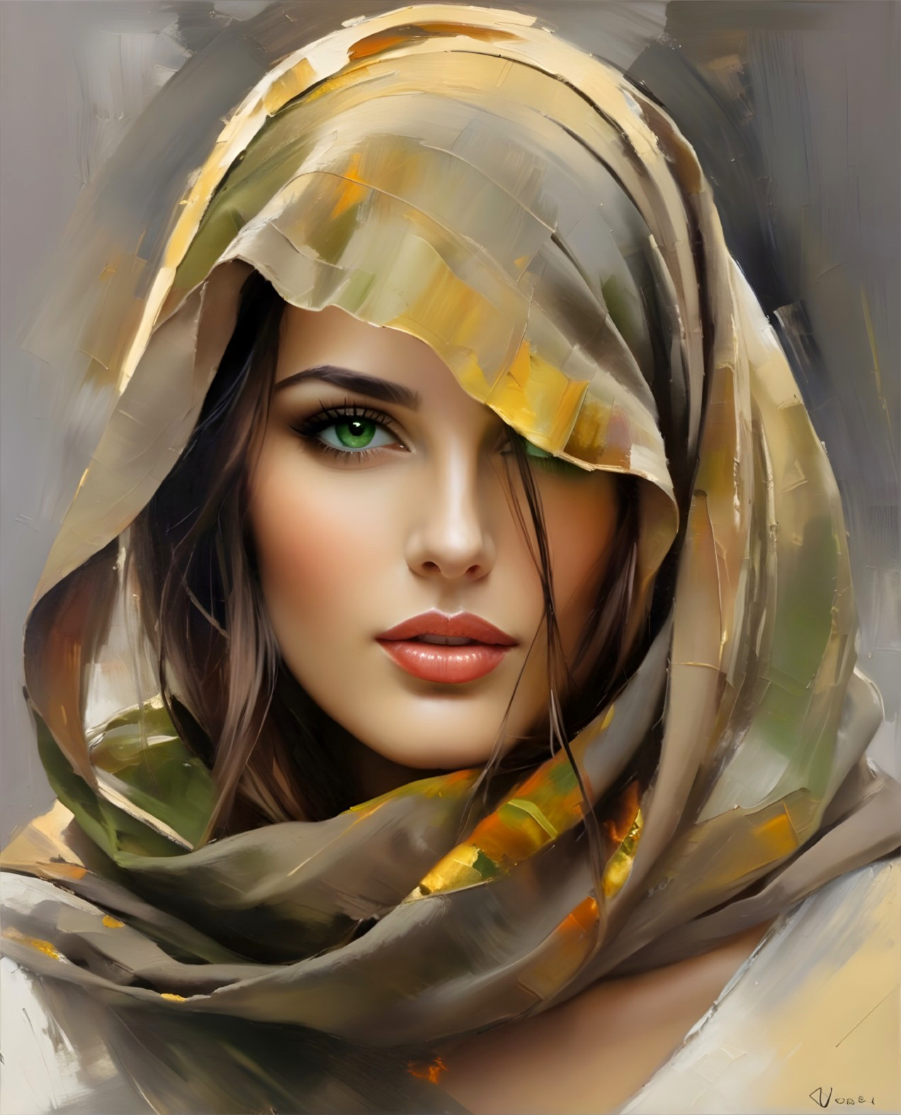 Portrait of a woman with green eyes and scarf