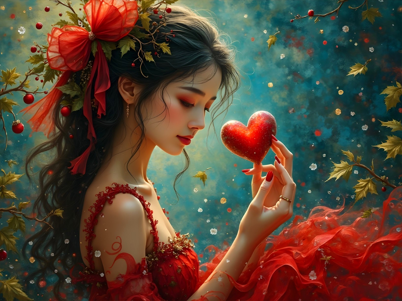 Serene Woman in Red Dress with Sparkling Heart