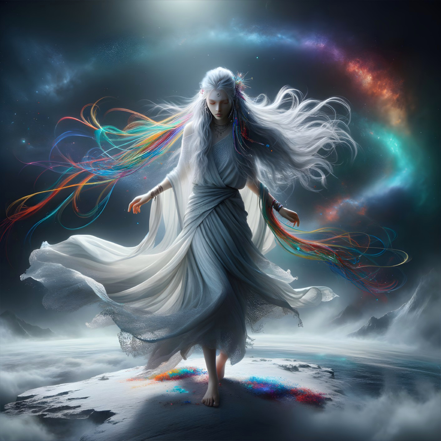 Majestic figure on swirling cloud with cosmic aura