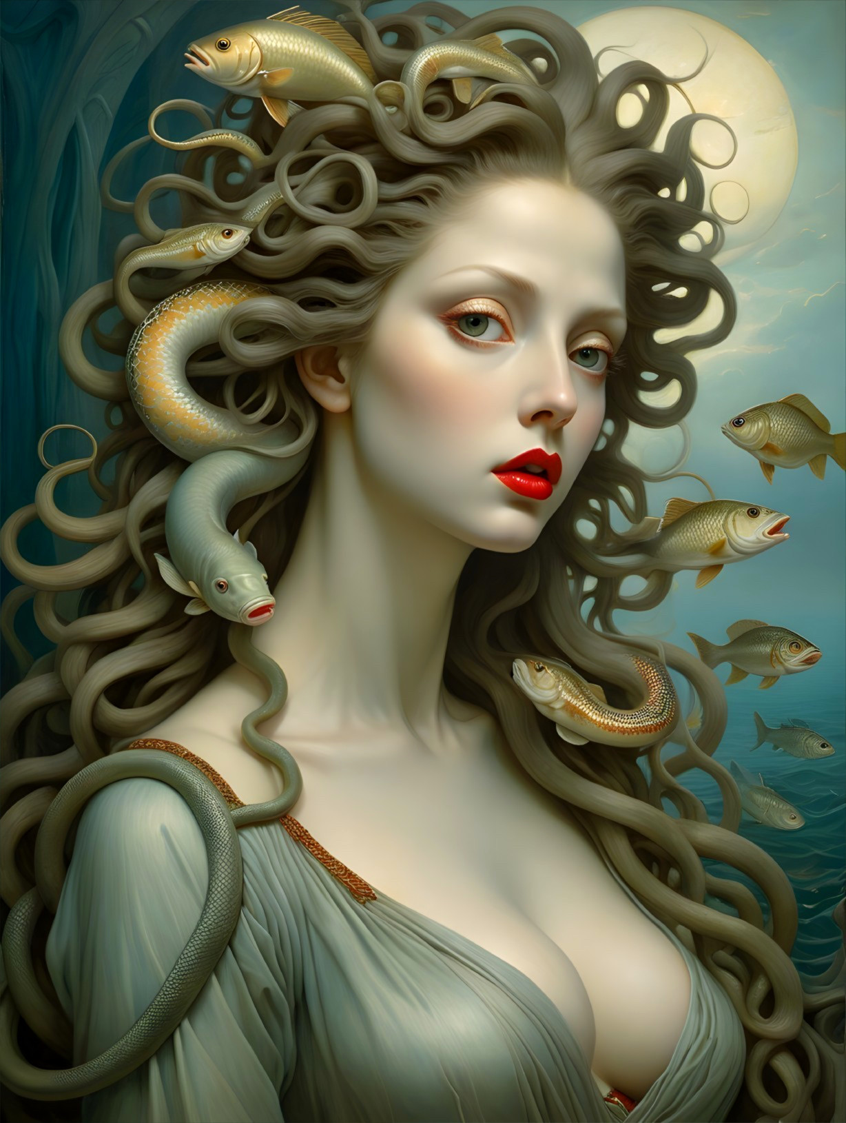 Ethereal Figure with Snakes and Fish in Mystical Scene