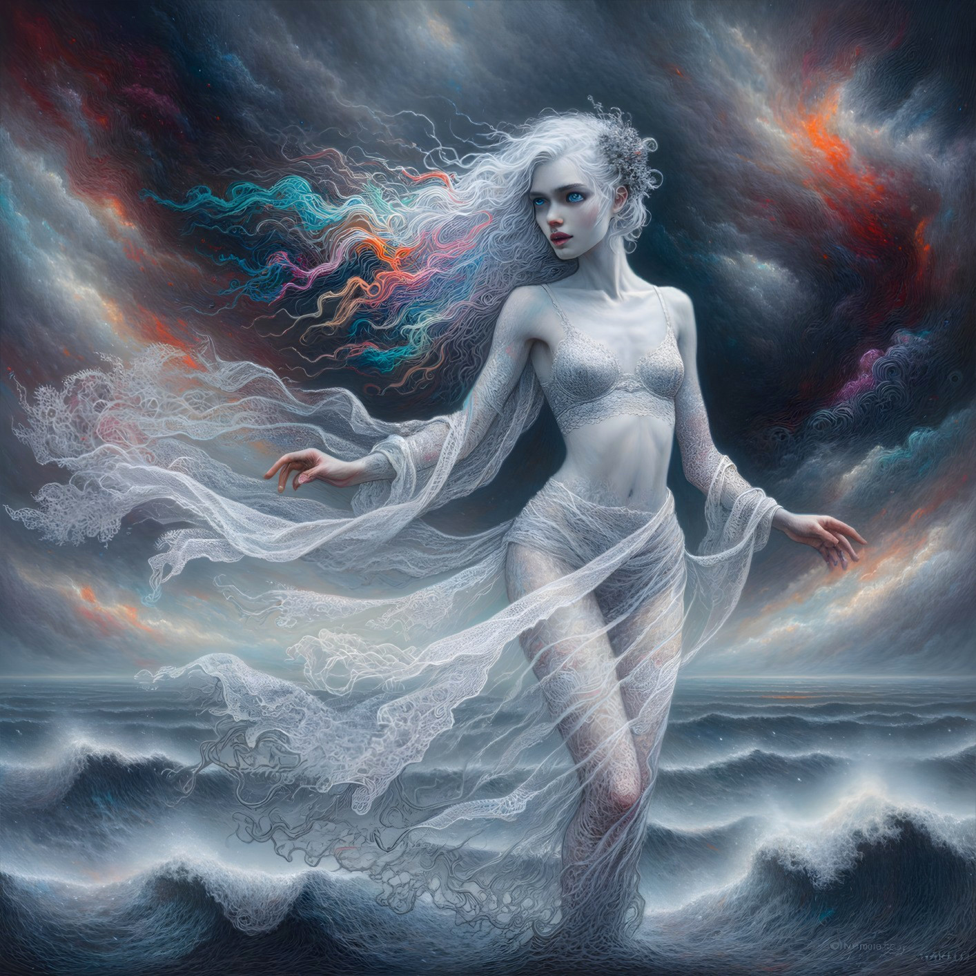 Mystical Figure in Stormy Ocean Waves and Fabrics