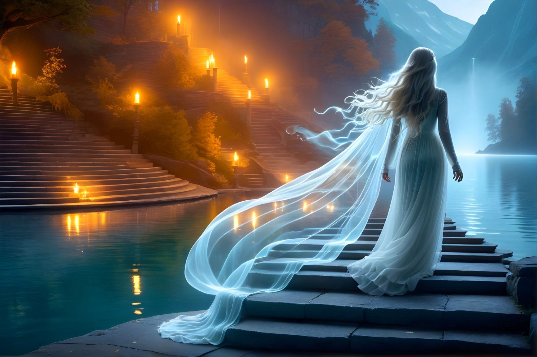 Ethereal Figure by Twilight Lake with Cascading Water