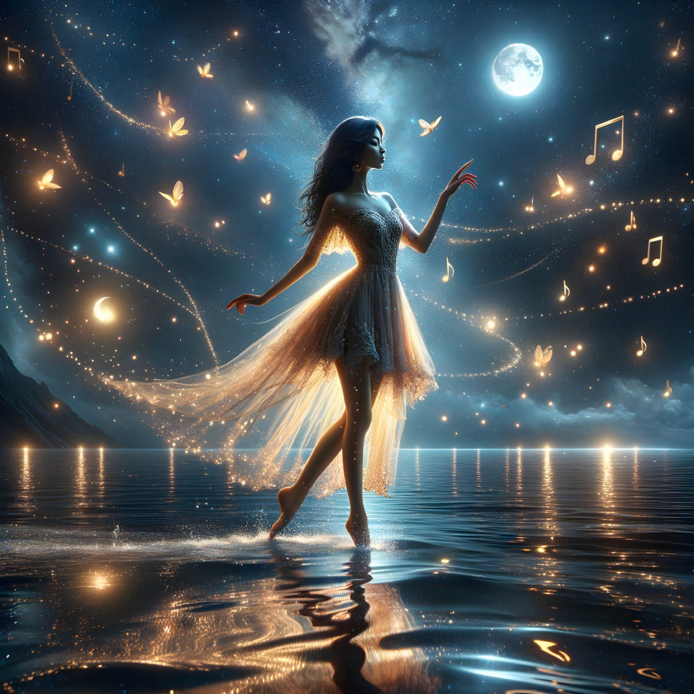 Woman in flowing dress walking on water at night