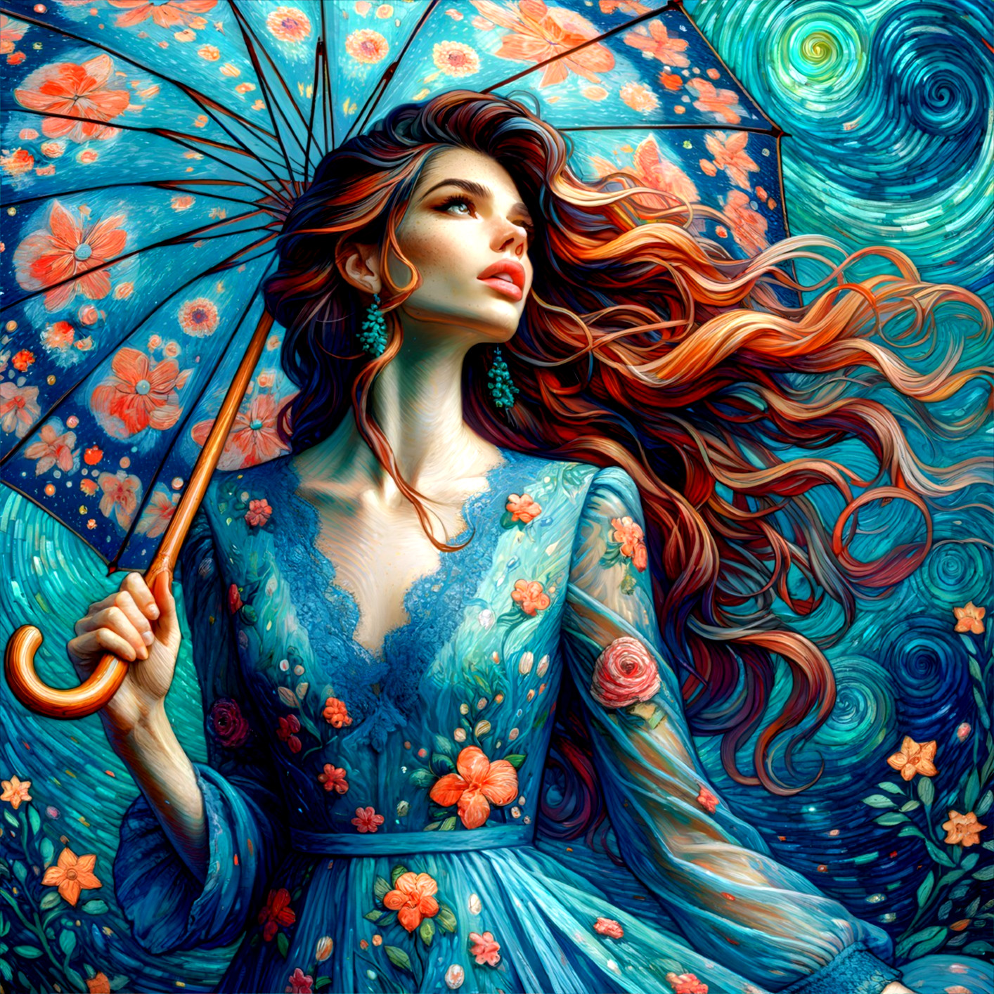 Elegant woman with floral umbrella and blue dress