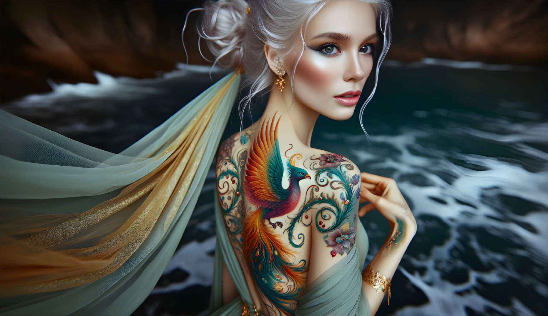 Stunning Woman with Silver Hair and Phoenix Tattoo