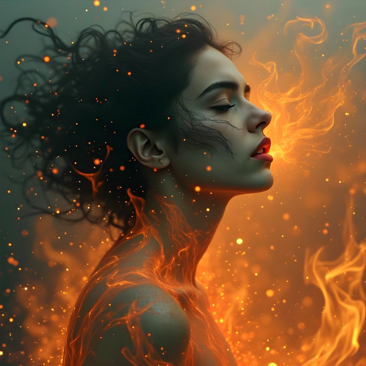 Profile of a Woman Surrounded by Ethereal Flames
