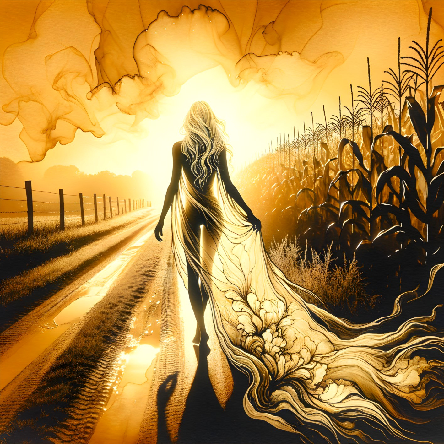 Silhouette of Woman in Gown on Sunlit Pathway