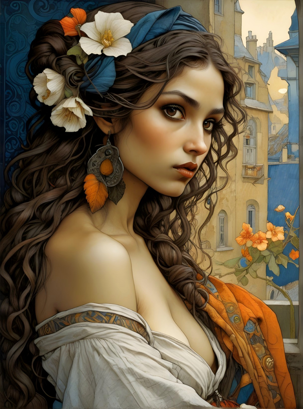 Young woman in floral attire in vintage town setting