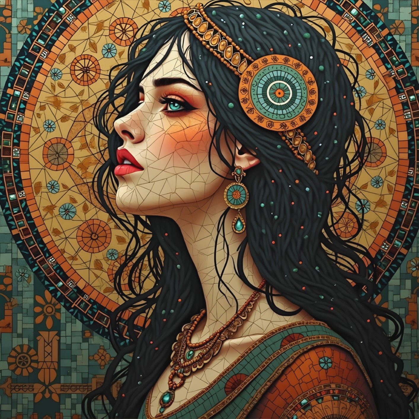 Stylized Woman in Profile with Jewelry and Mosaic Background