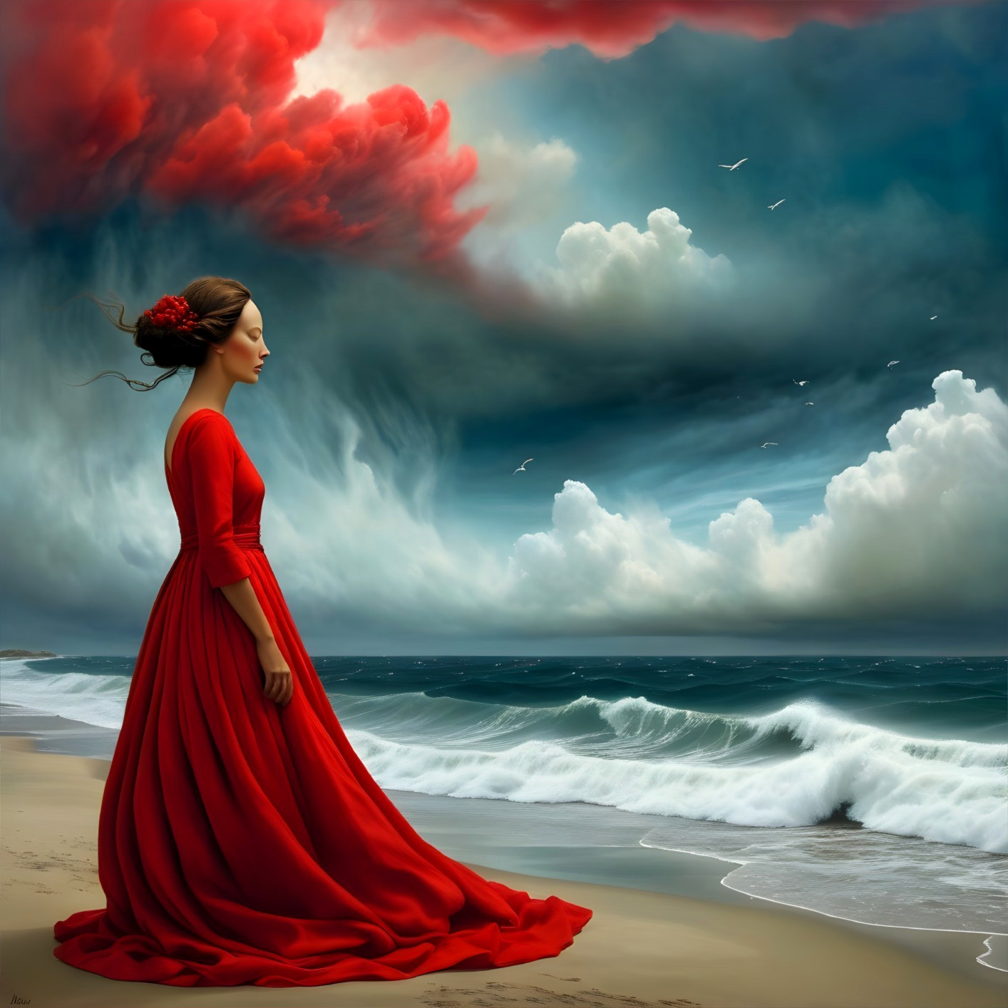 Woman in Red Dress on Beach with Turbulent Ocean