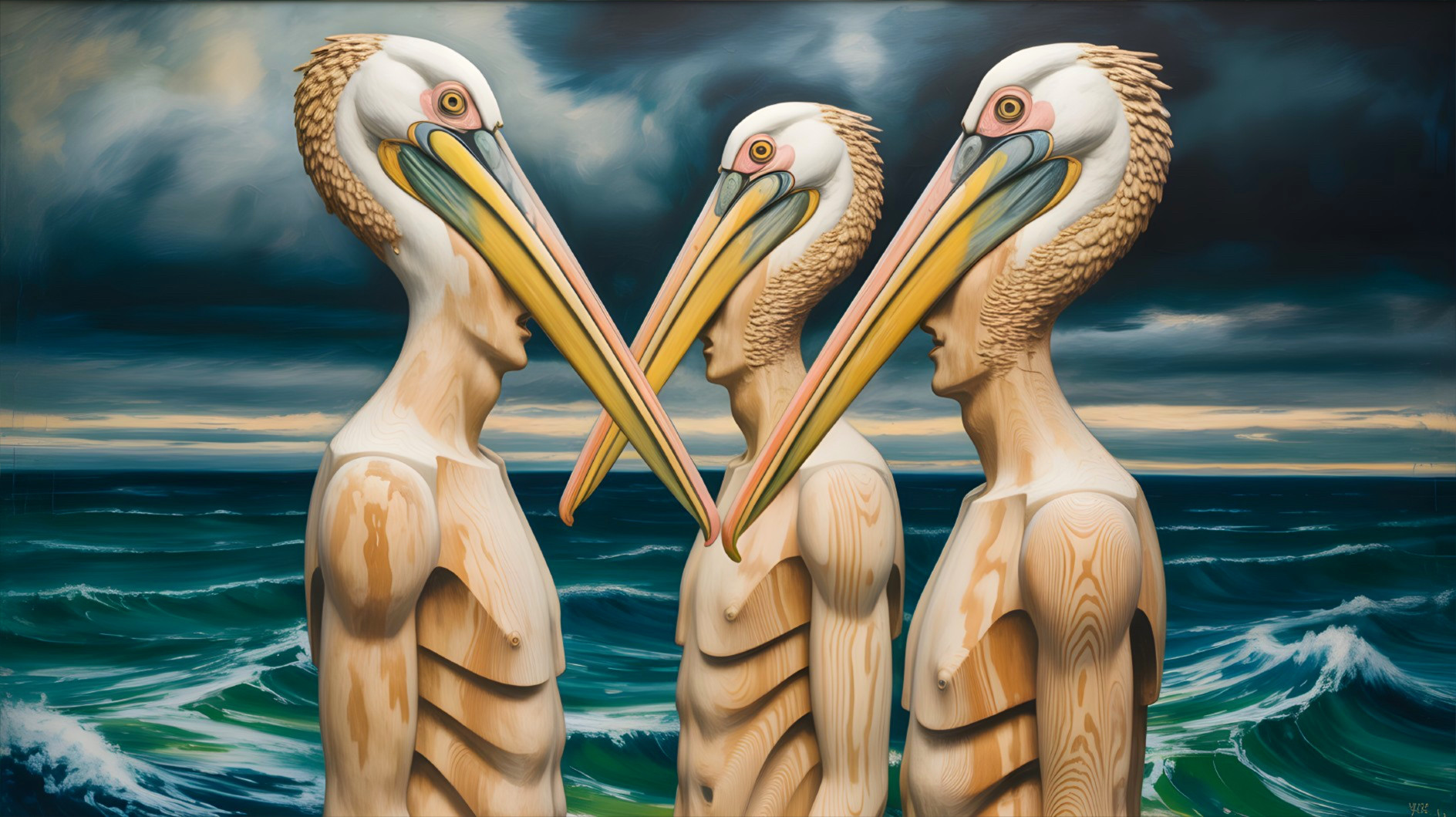 Humanoid Figures with Pelican Heads in Surreal Scene
