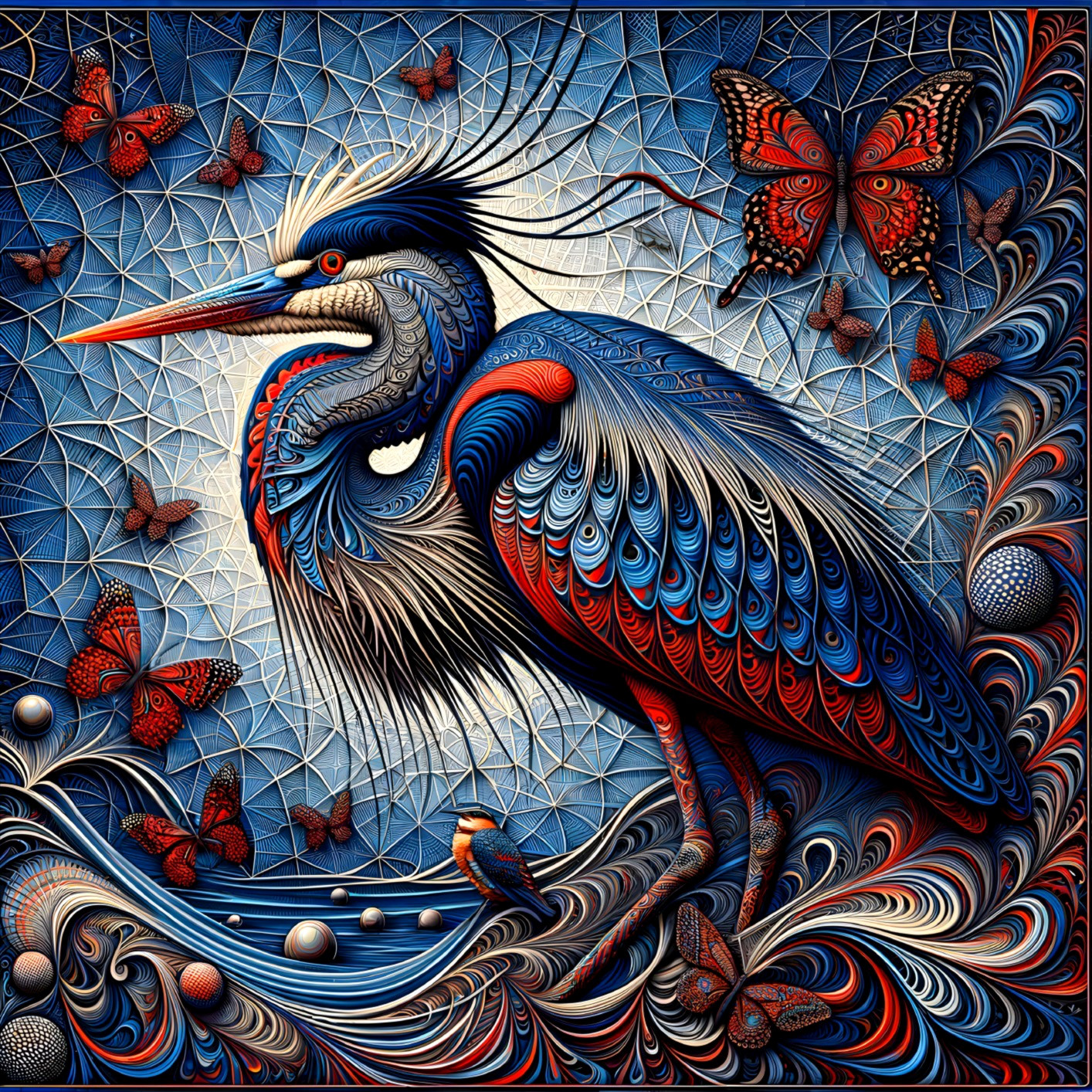 Stylized heron with butterflies and abstract background