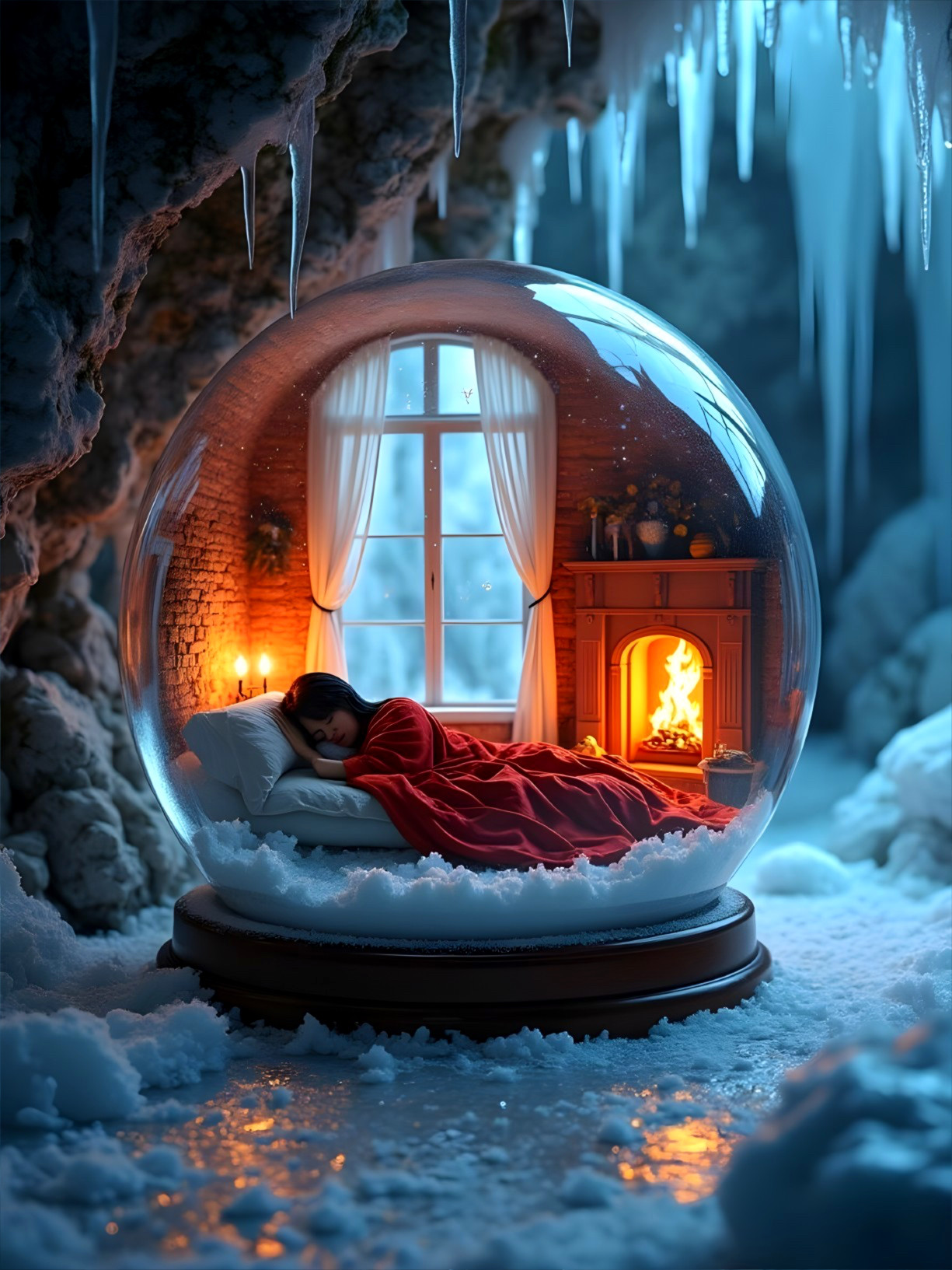 Serene Snow Globe Scene with Cozy Winter Setting