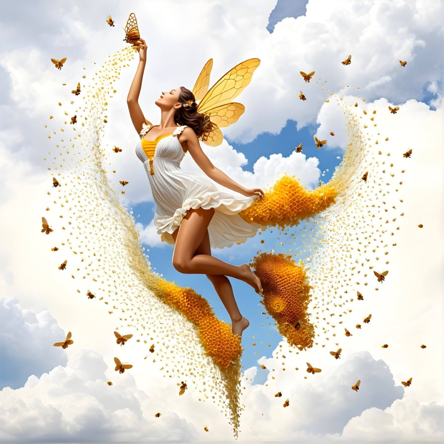 Whimsical Woman in White Dress with Butterfly Wings