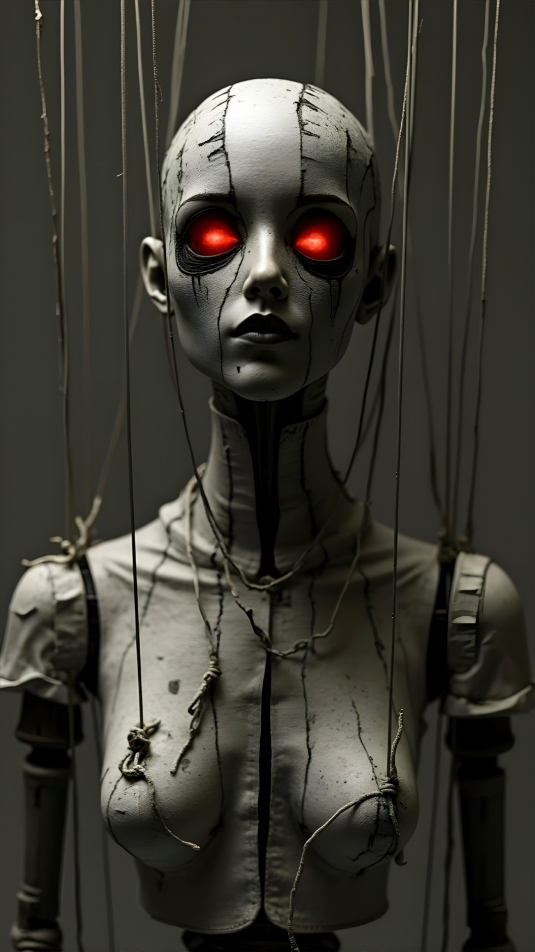 Lifelike Marionette with Glowing Red Eyes and Strings