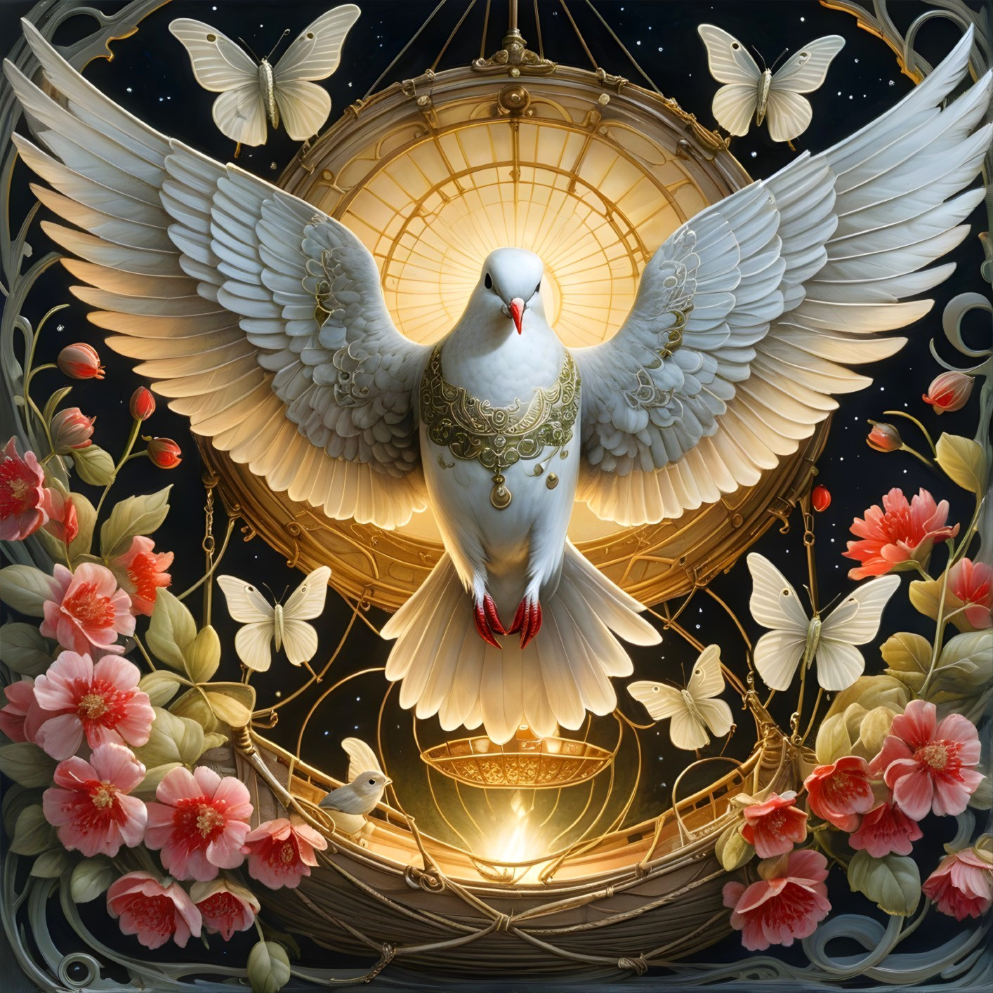 Majestic white dove with golden patterns and butterflies