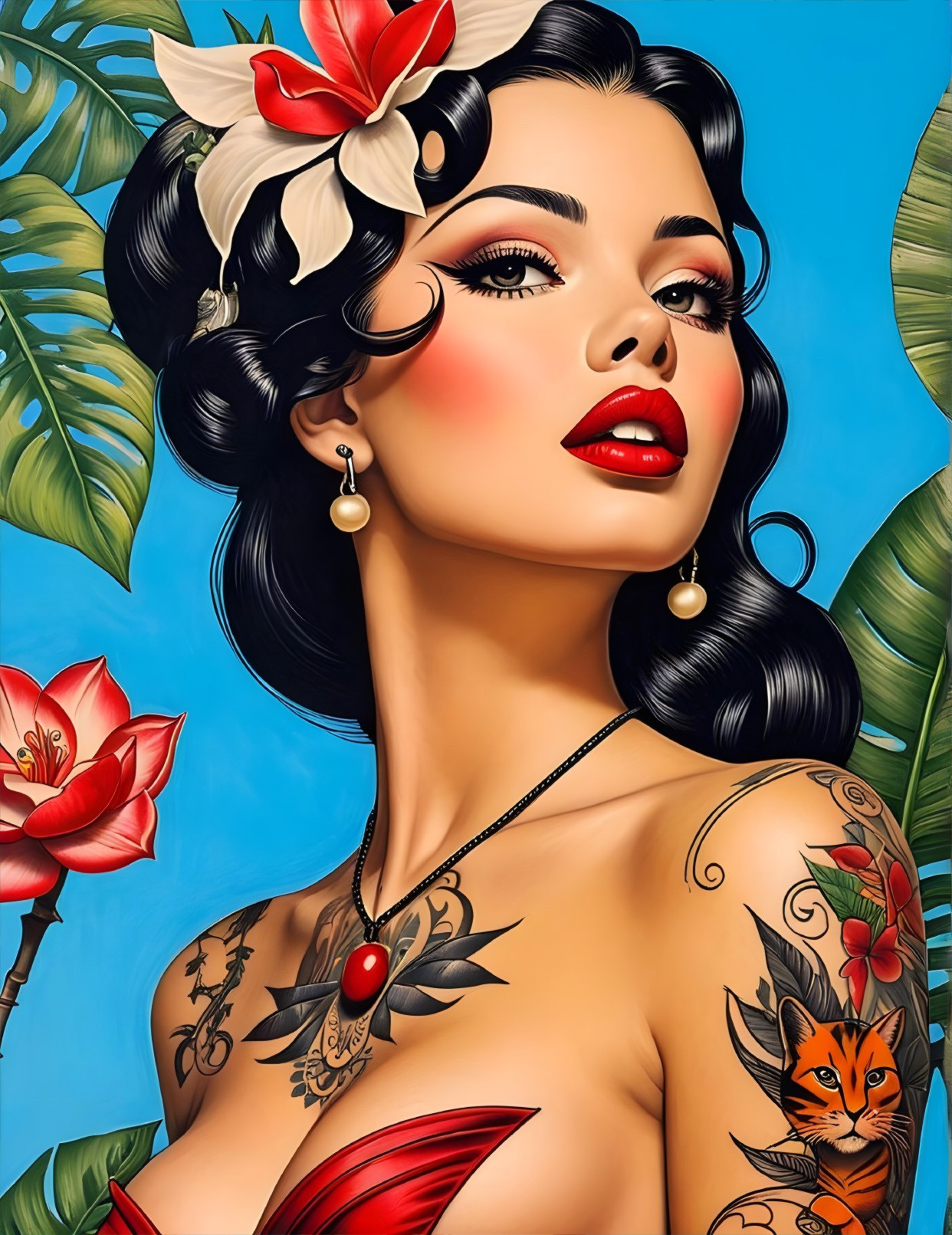 Glamorous Woman in Tropical Setting with Tattoos