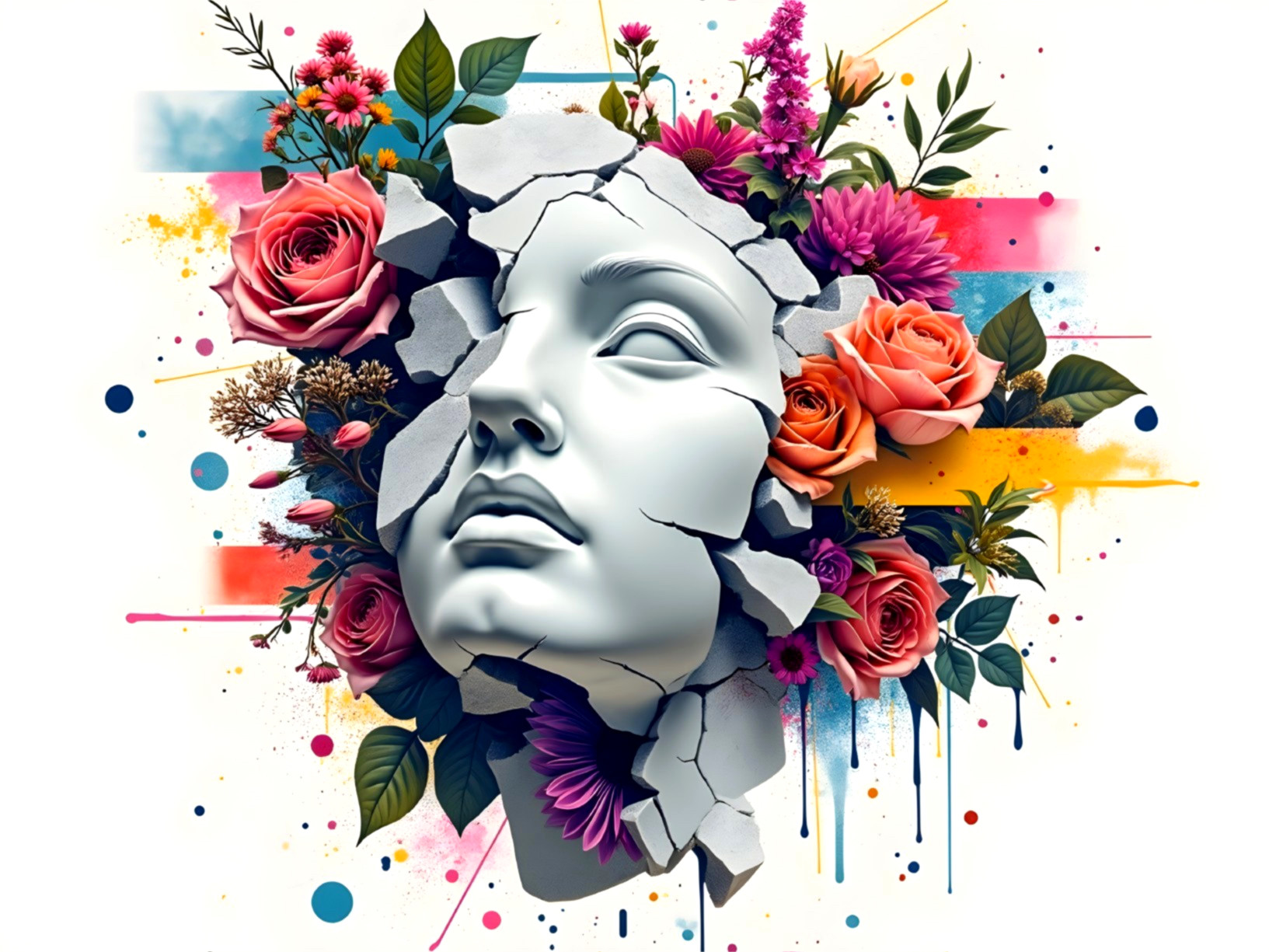 White Marble Face Surrounded by Colorful Flowers