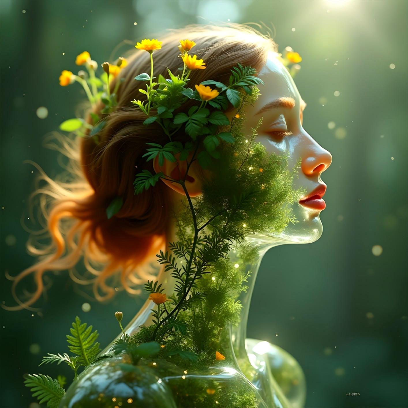 Profile of a woman with flowers and lush greenery