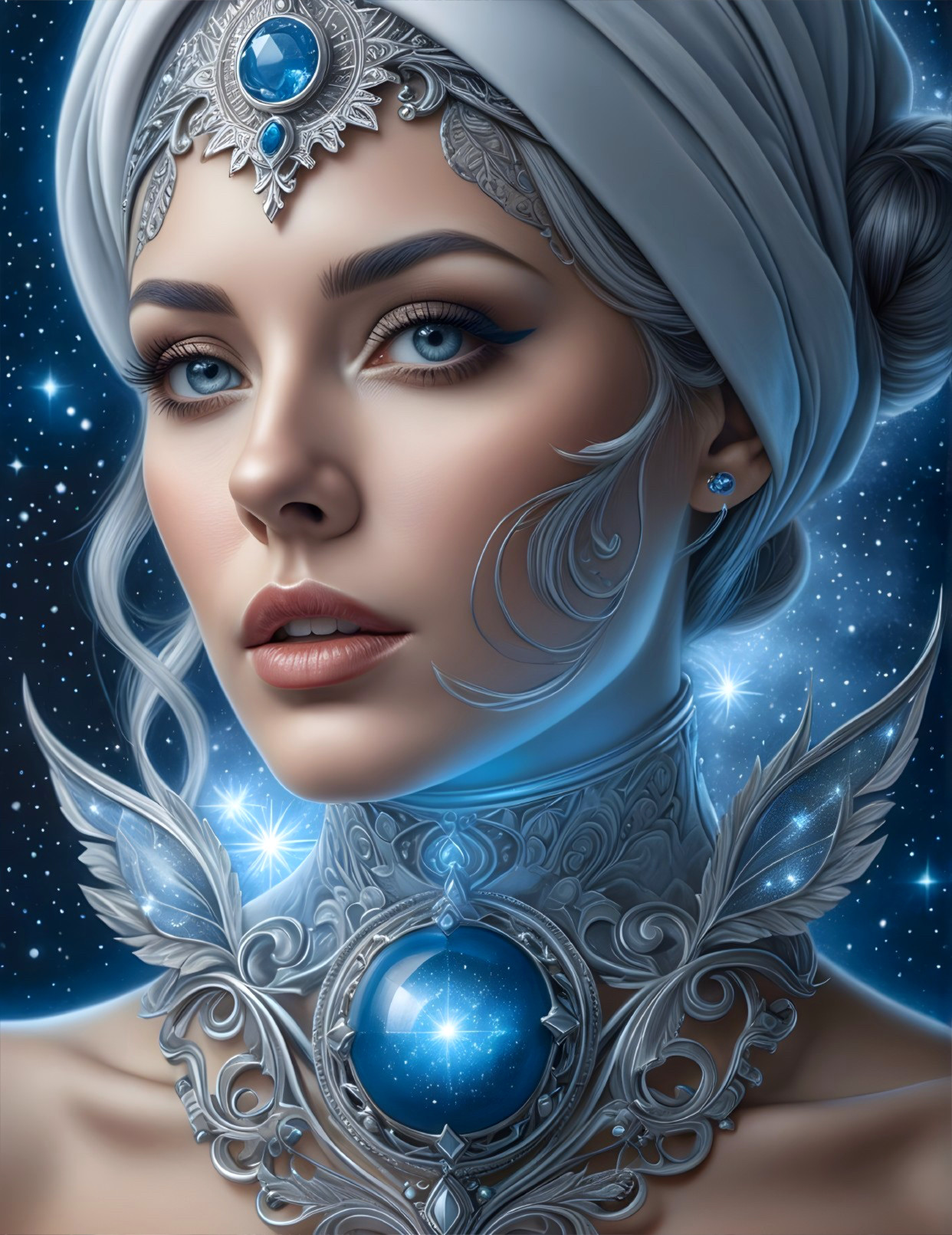 Woman in Silver Jewelry with Blue Gemstone and Stars