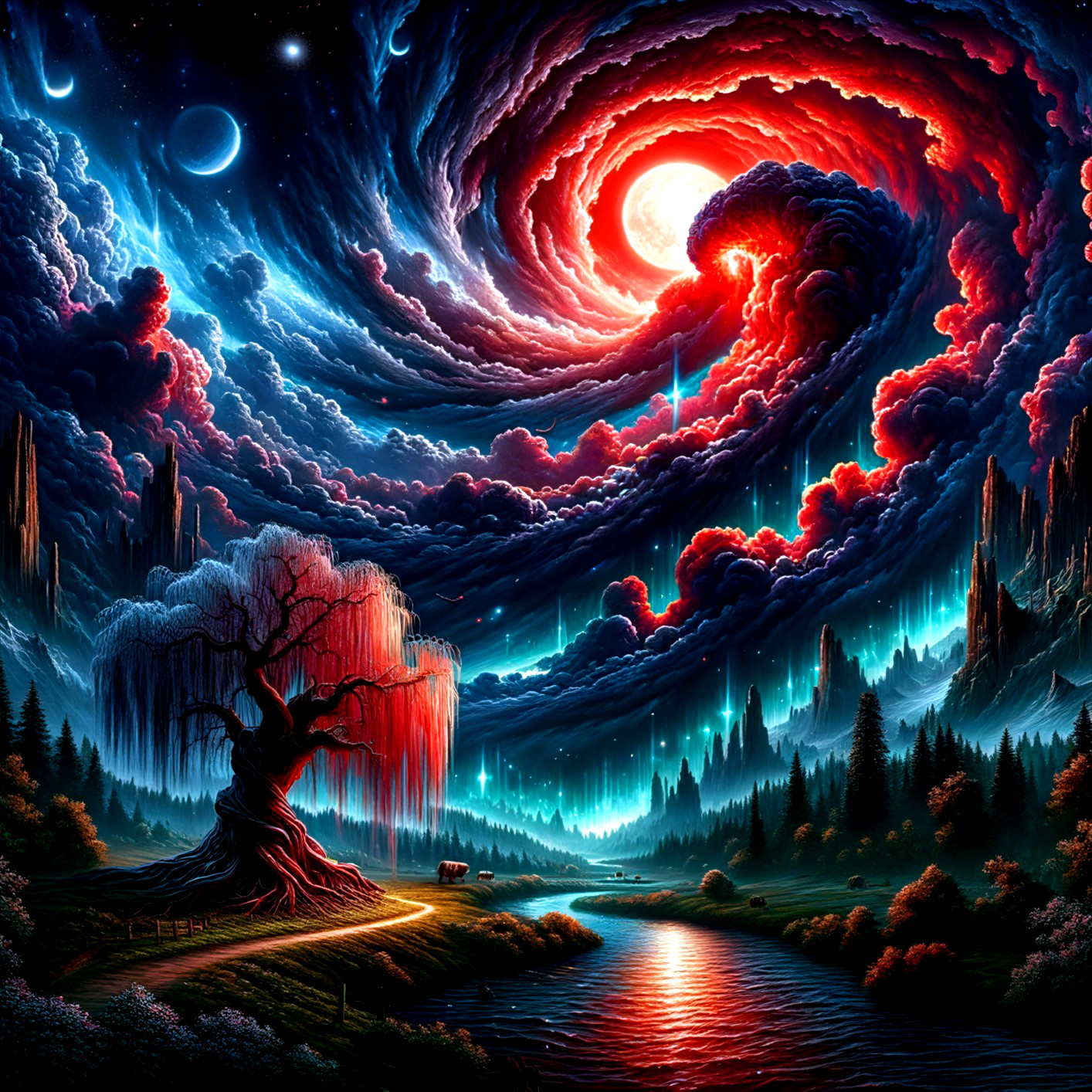 Cosmic Scene with Vibrant Colors and Serene Landscape