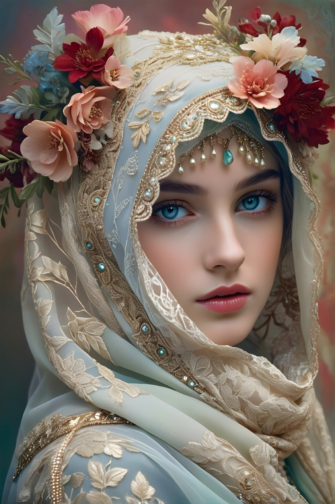 Young woman in floral headscarf with blue eyes