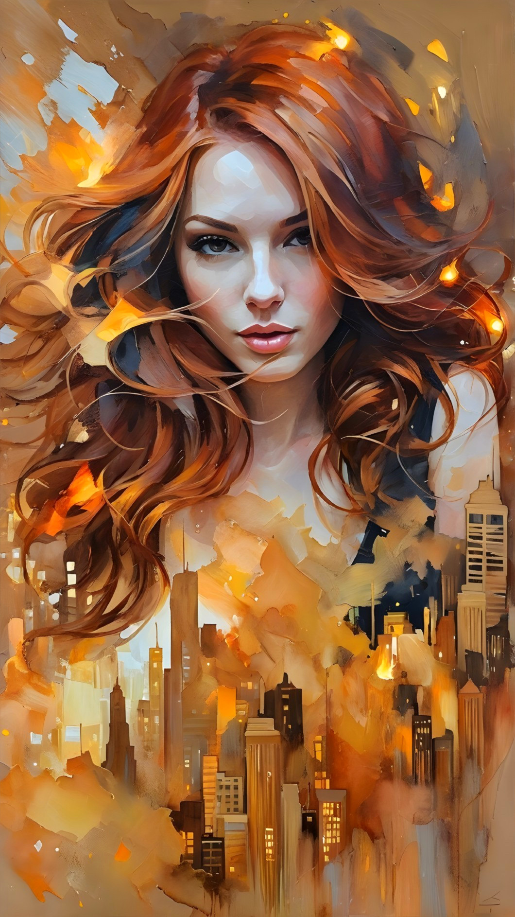 Portrait of a Young Woman with Red Hair and Cityscape