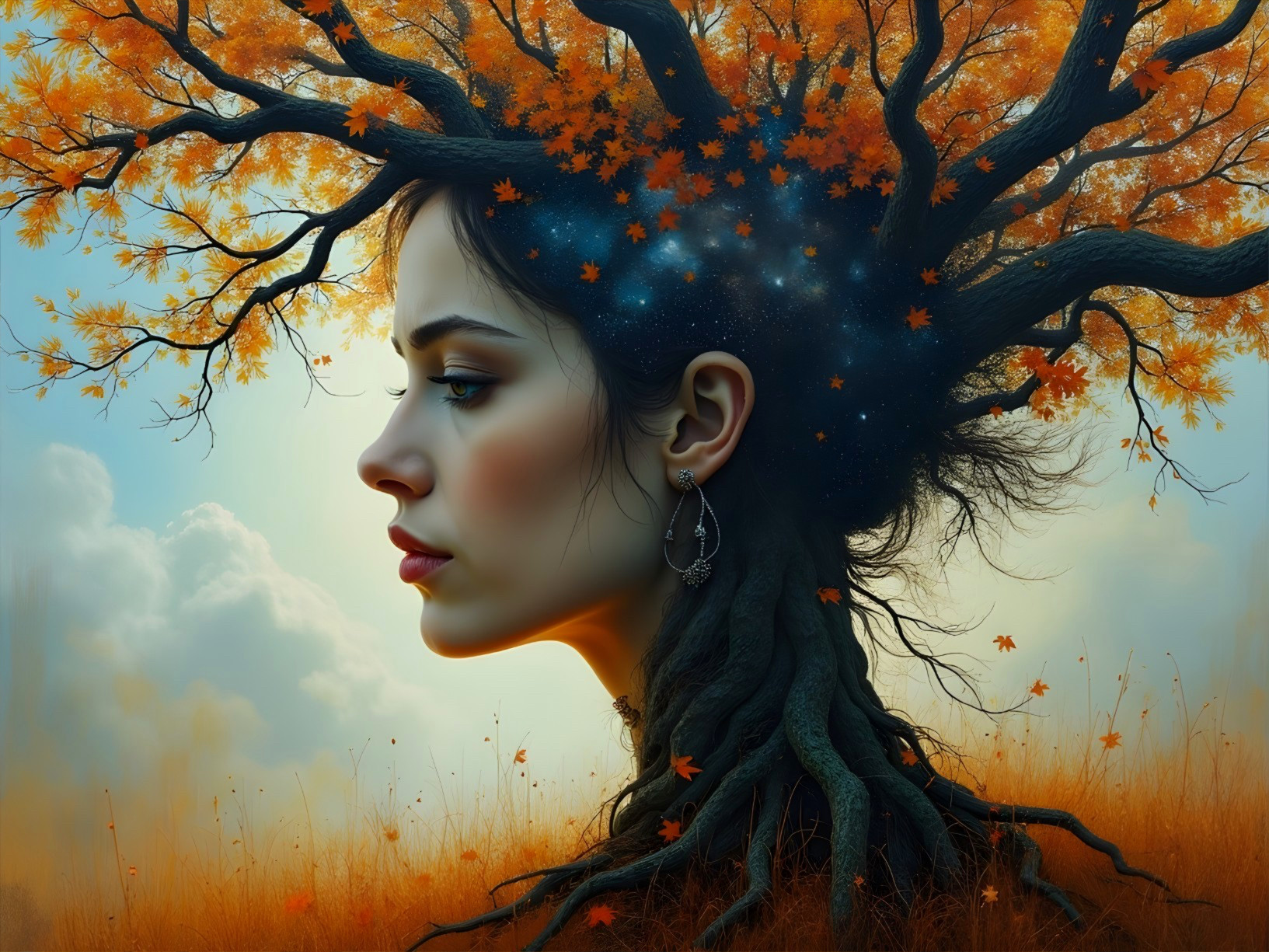 Surreal Profile of Woman with Tree Hair and Cosmic Sky