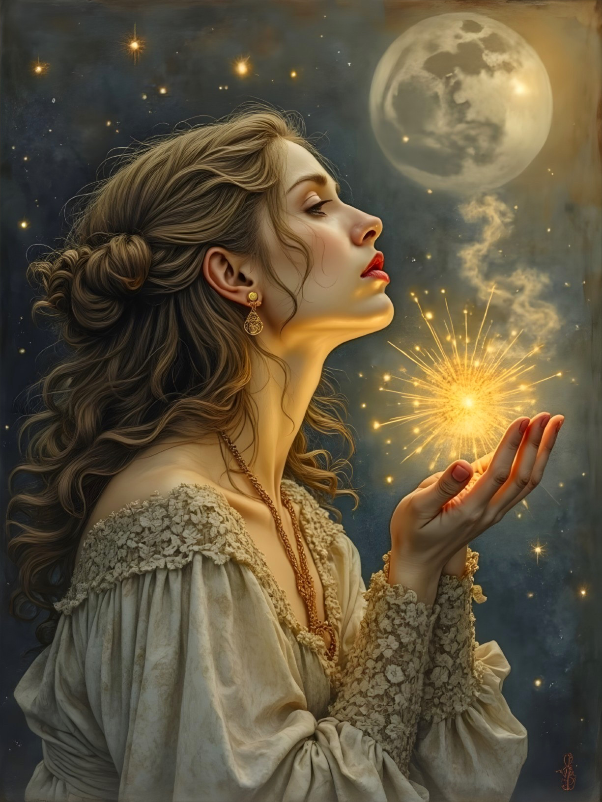 Young woman holding glowing orb under starry night sky