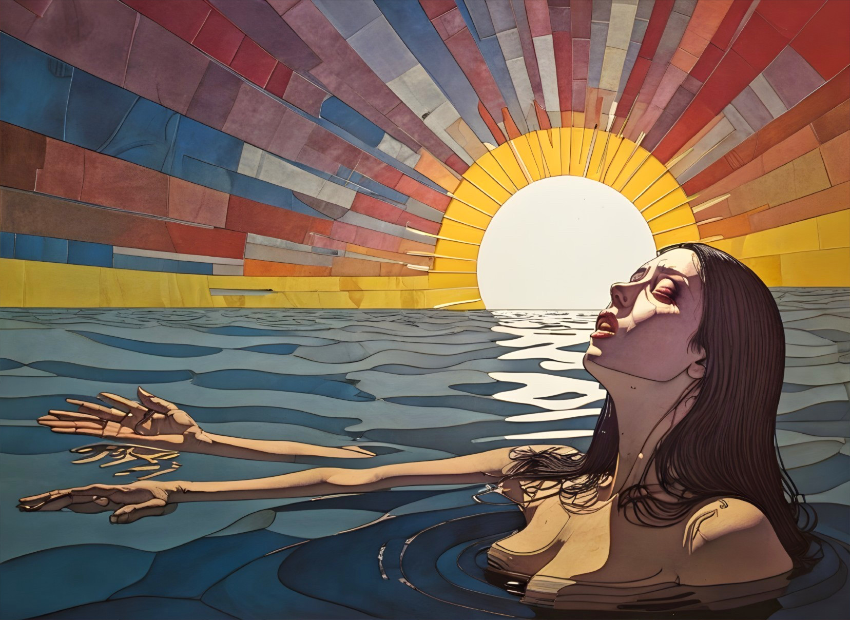 Serene Illustration of Woman Floating in Calm Water