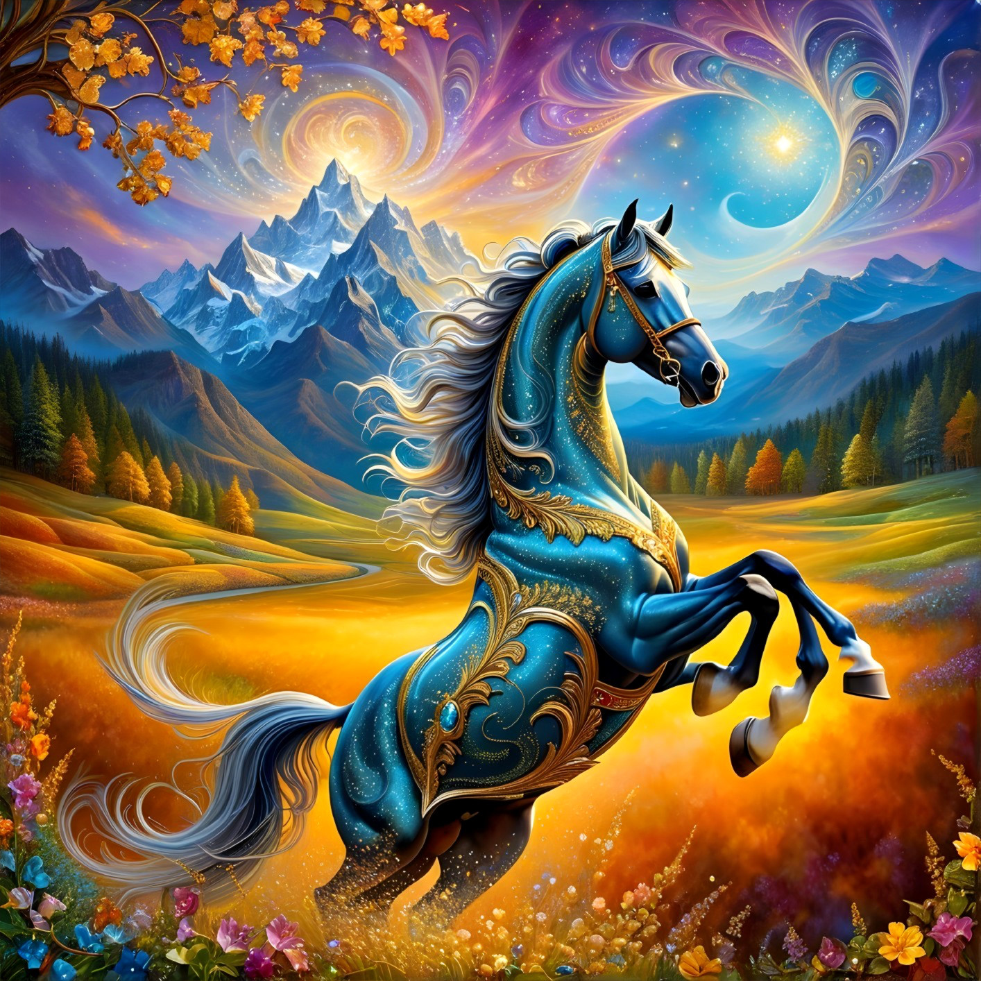 Majestic Blue Horse in Vibrant Cosmic Landscape