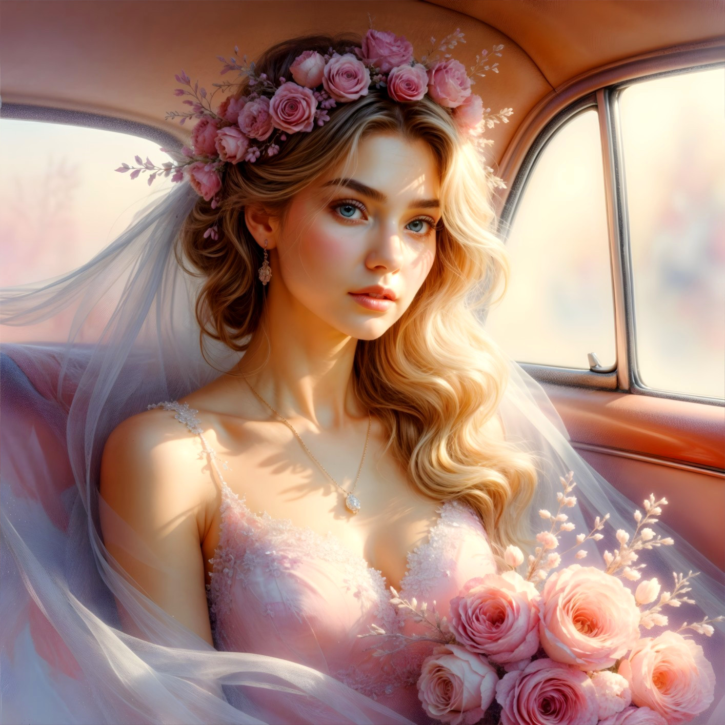 Elegant Bride in Vintage Car with Floral Crown