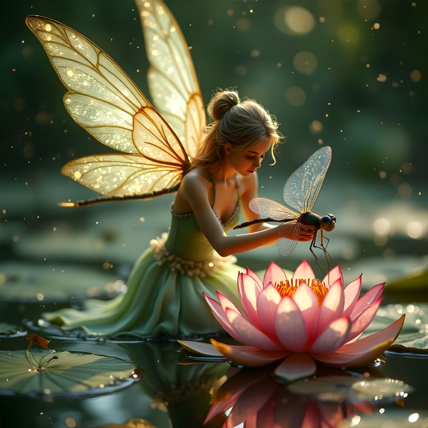 Fairy Interacting with Dragonfly by Serene Pond